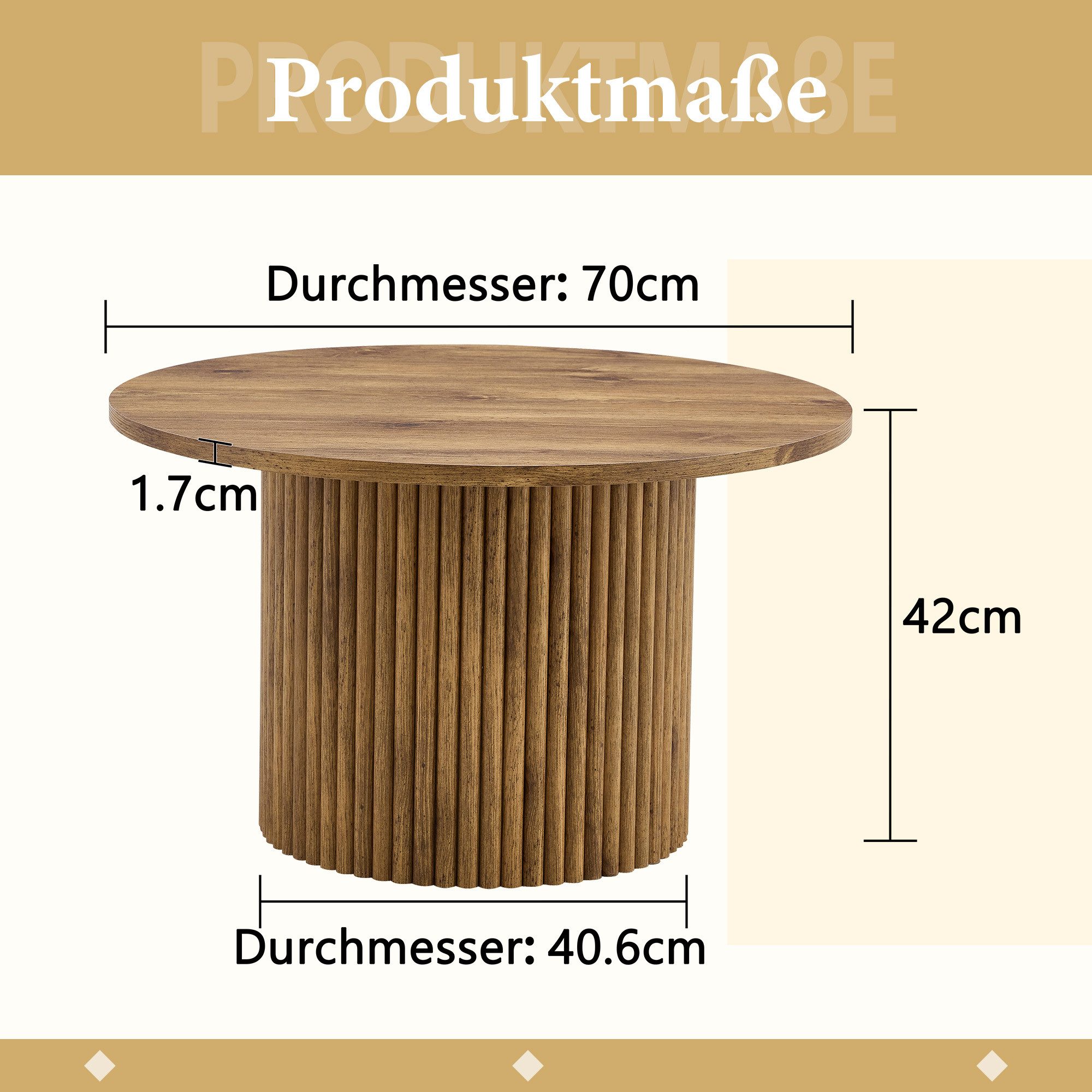 JUFU Couchtisch rund in Holzoptik, Beistelltisch mit geriffeltem Standfuß, ⌀ 70 cm (1-St)