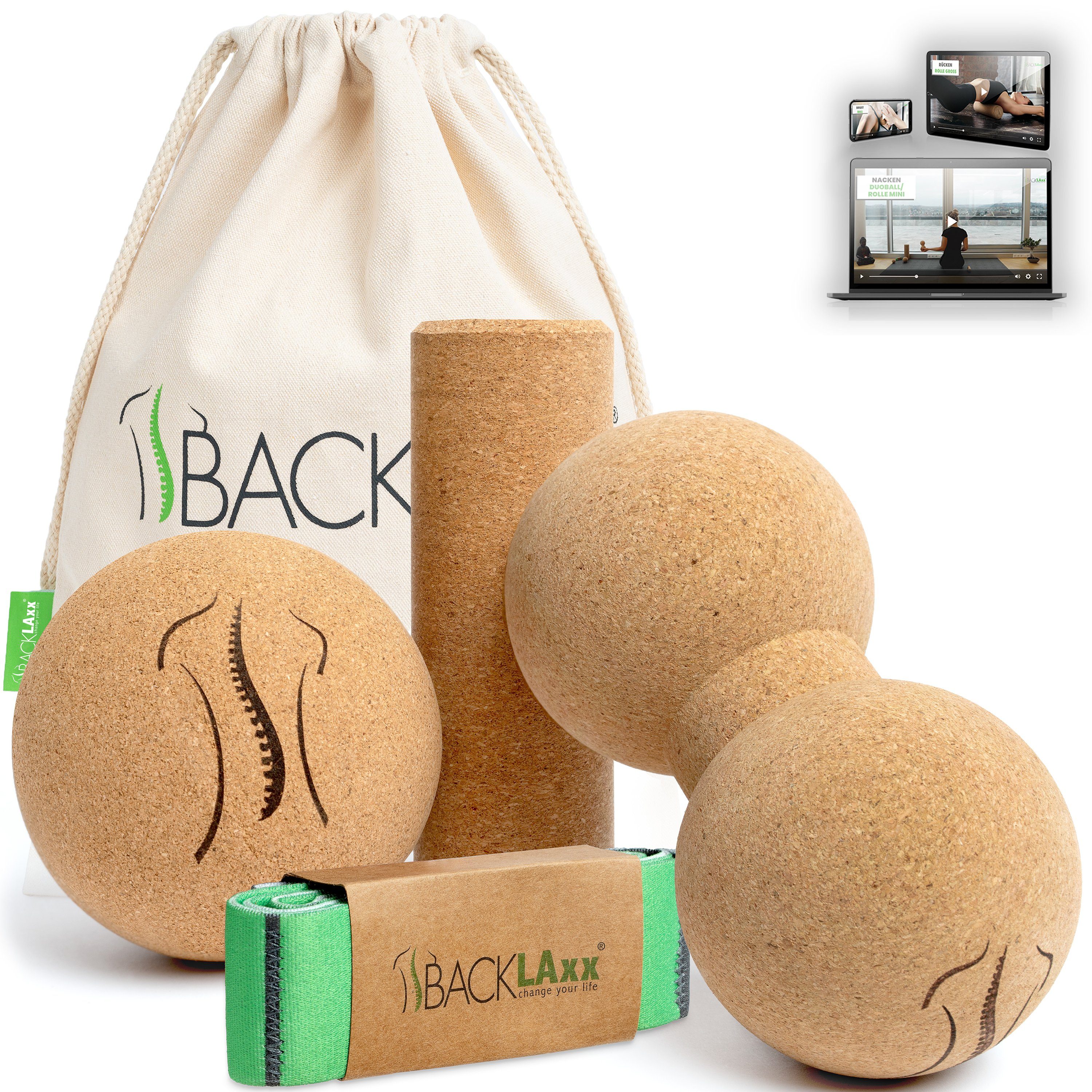 BACKLAxx® Pilatesrolle Set (3-tlg., Rolle klein, Ball 10cm, Duoball, Trainingsband, Beutel), Korkrolle zur Selbstmassage, zur myofaszialen Selbstmassage