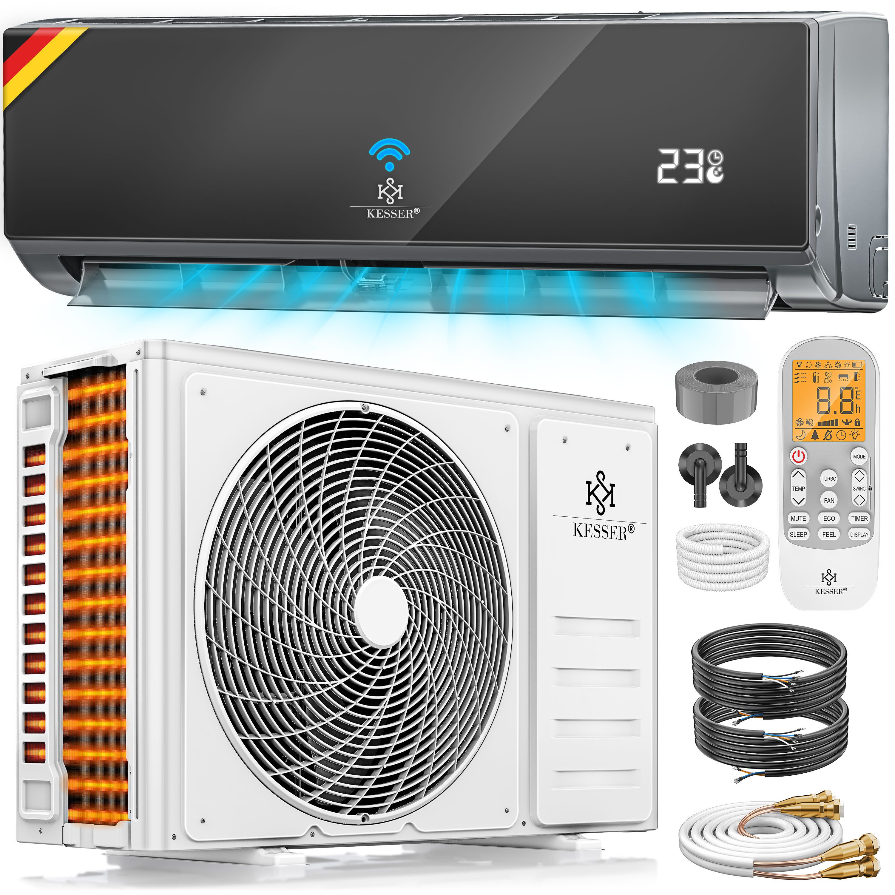 KESSER Split-Klimagerät Set Quick Connect Split Klimaanlage 9000 BTU Kühlen & Heizen 2,6kW R32, mit WiFi & App Funktion, Fernbedienung, Timer, inkl. Montagematerial