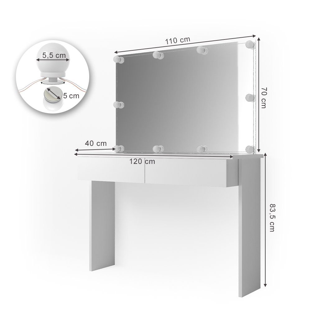 Vicco Schminktisch Azur, Weiß, 120 cm mit LED Beleuchtung (2-St)