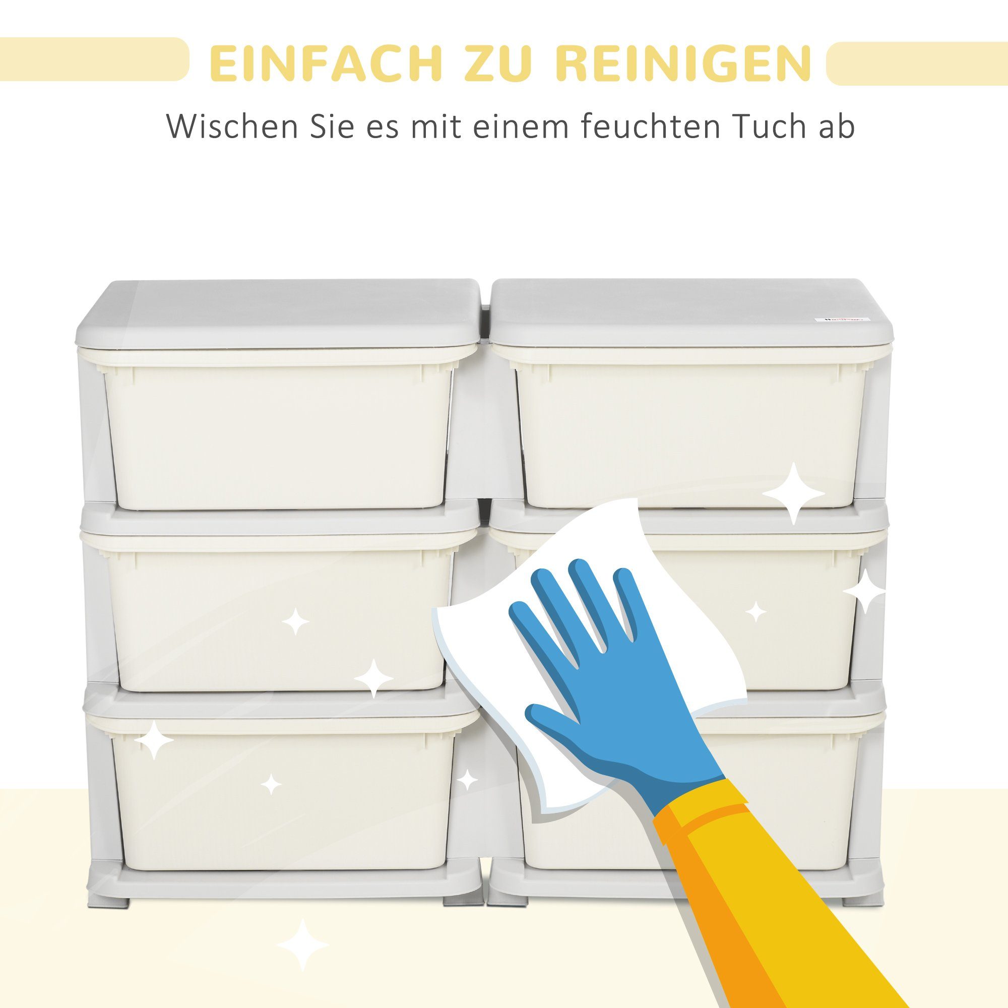 HOMCOM Spielzeugtruhe Schubladenschrank für Kinder, mit 6 Ebenen (Spielzeugkiste, 1 St., Aufbewahrungsbox), für Kinderzimmer, Cremeweiß