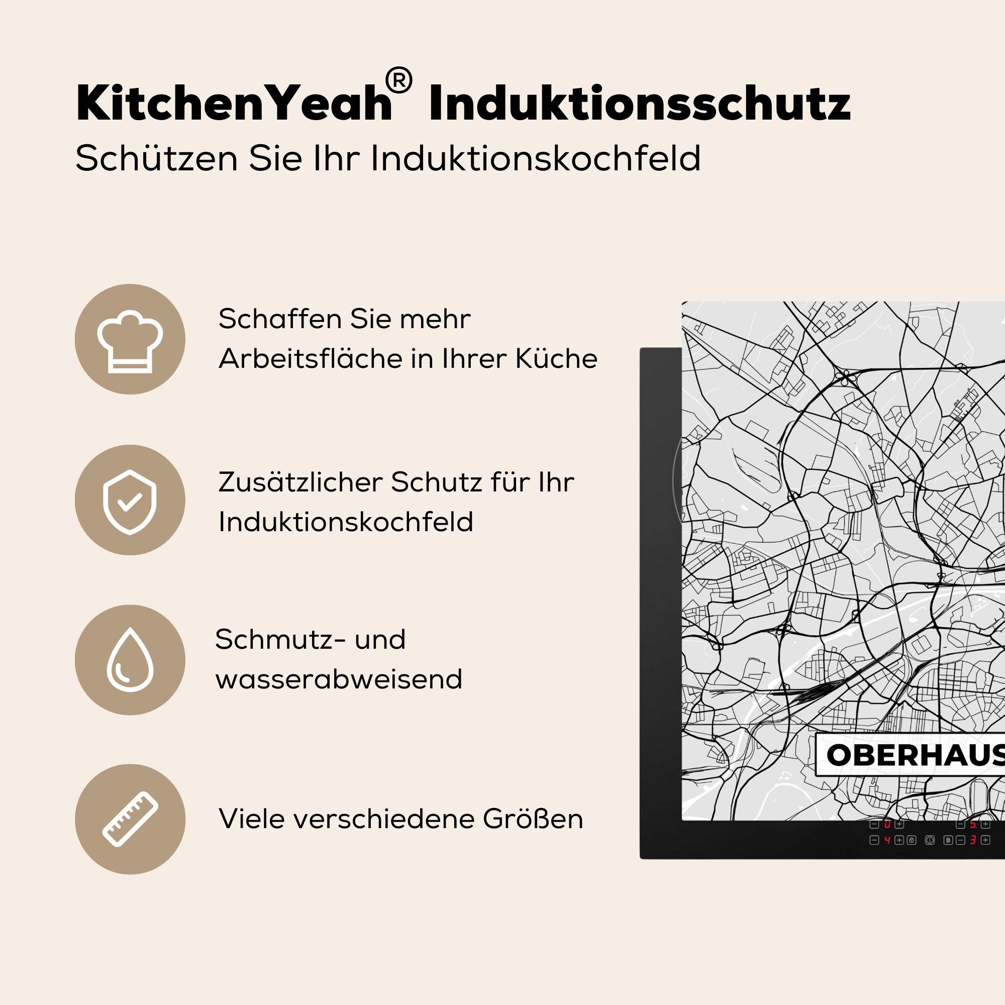 MuchoWow Herdblende-/Abdeckplatte Stadtplan - Deutschland - für - tlg), Arbeitsplatte 78x78 Vinyl, Ceranfeldabdeckung, cm, küche Karte (1 Oberhausen