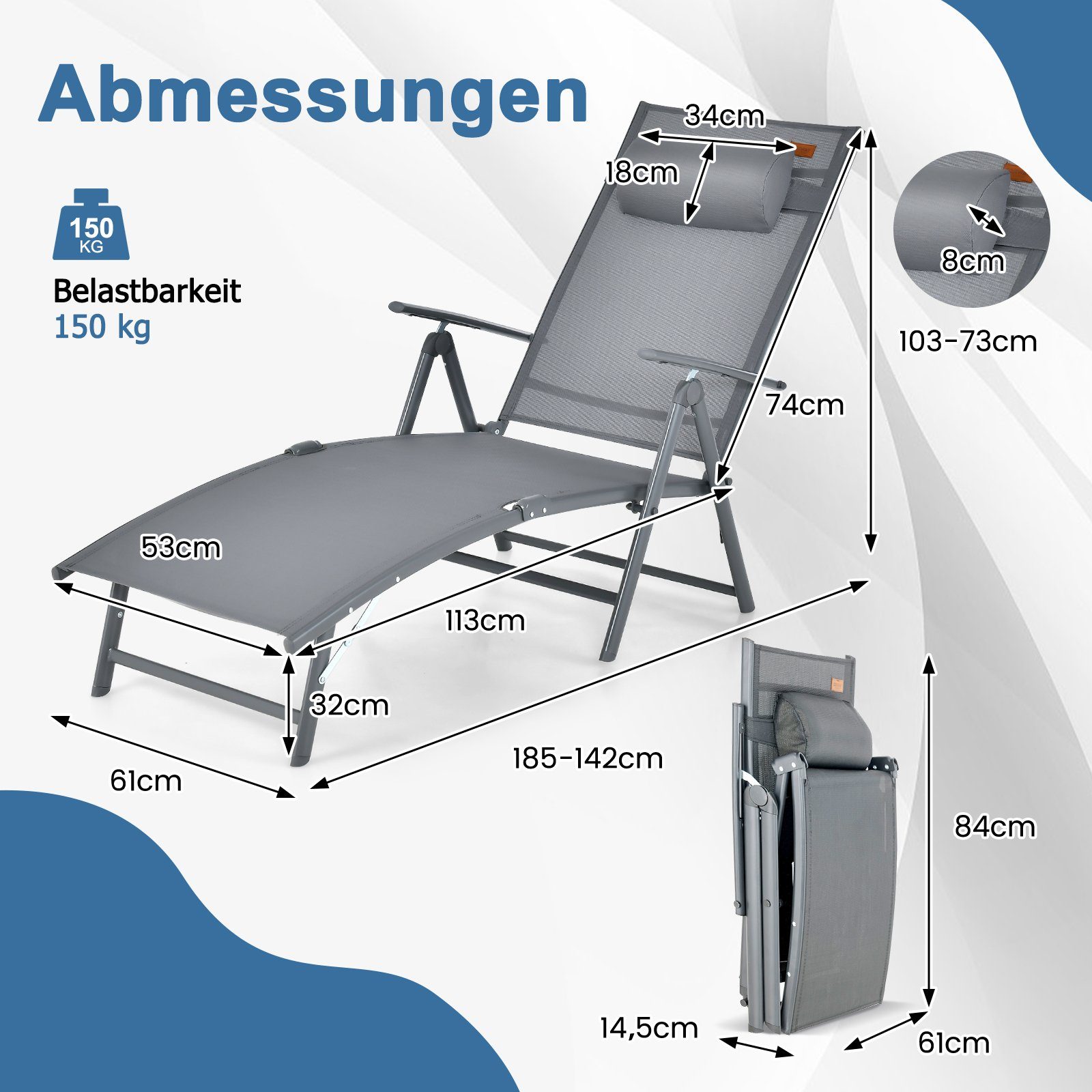 COSTWAY Gartenliege Sonnenliege, klappbar, 7-fach verstellbar, mit Kopfstütze