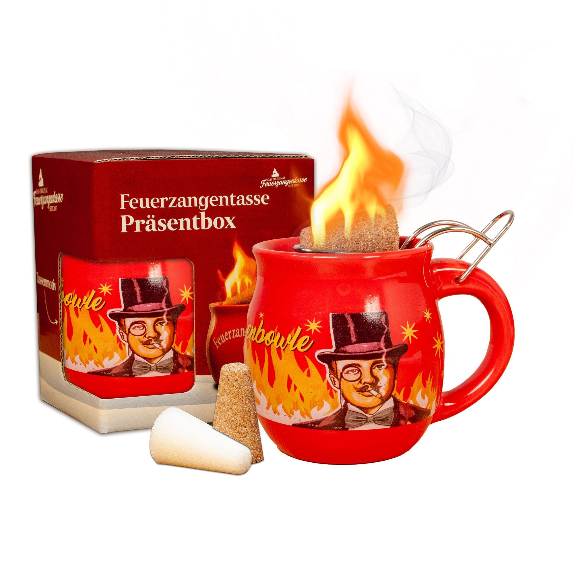 Feuerzangentasse Bowle-Set Feuerzangentasse 1er-Set (Feuerzangenbowle Set, 5-tlg., 1x Feuerzangentasse, 3x Zimtzuckerhütchen, 1x Rezeptheftchen), hitzebeständige Keramik, Edelstahl-Feuerzange