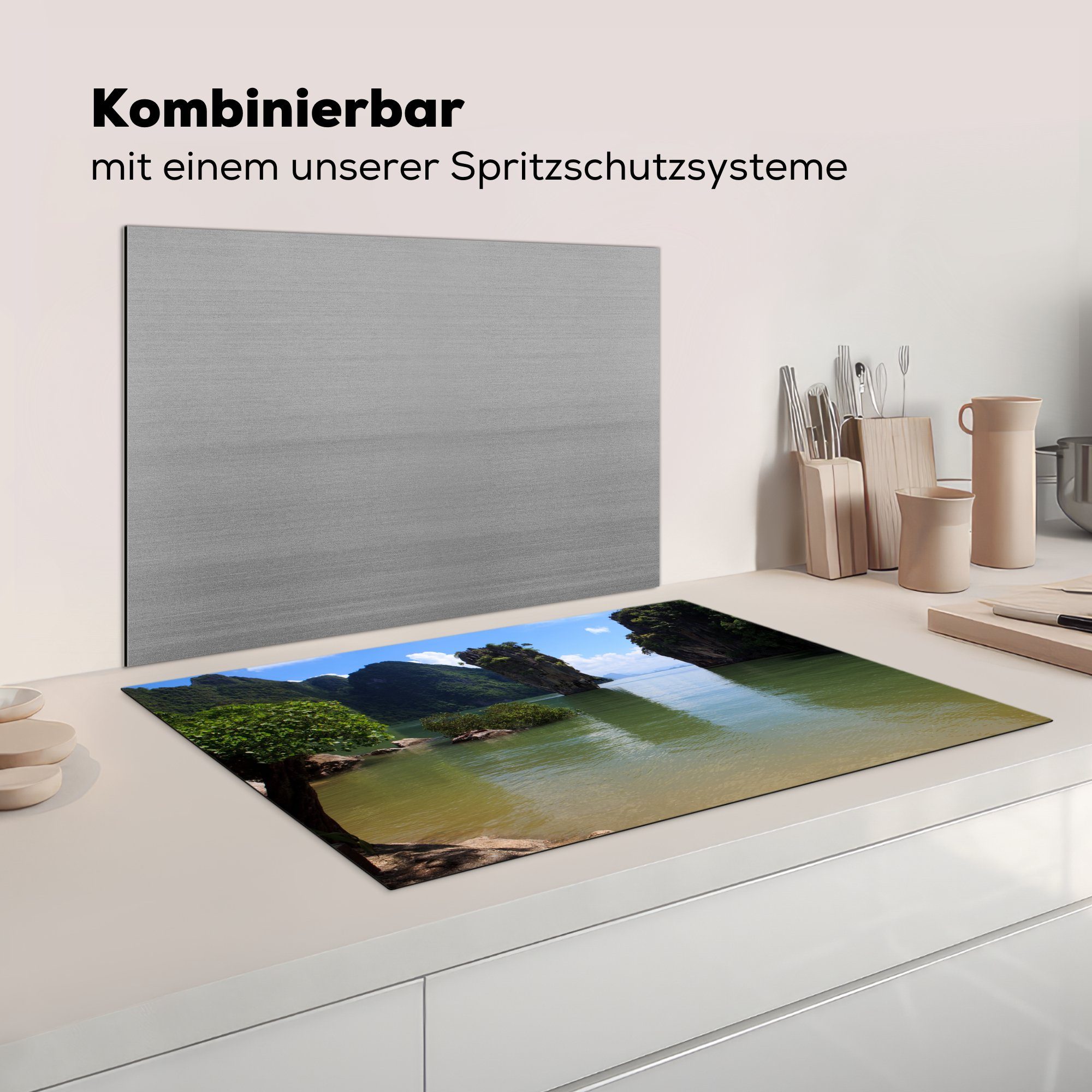 die Schutz 81x52 tlg), grüne Ceranfeldabdeckung Vinyl, im MuchoWow Natur Wasser (1 und thailändischen, für Induktionskochfeld Herdblende-/Abdeckplatte küche, cm, Grünes