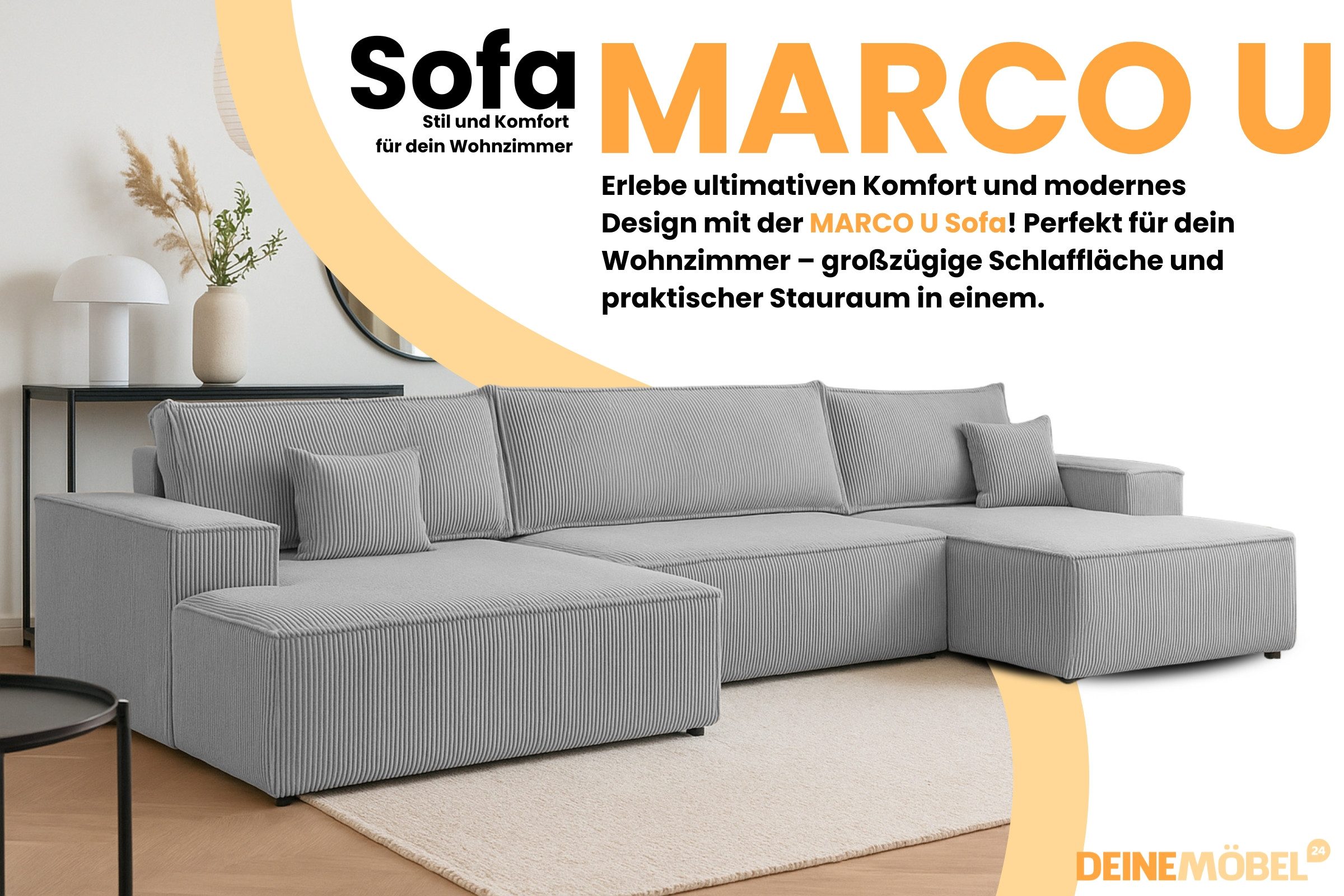 Deine Möbel 24 Wohnlandschaft MARCO U-Form 398 cm breit Sofa Wohnzimmer U-Couch Cord Samt, Grau Beige Dunkelgrau Anthrazit Graphit Schwarz Hellgrau 3 Teile, mit Schlaffunktion