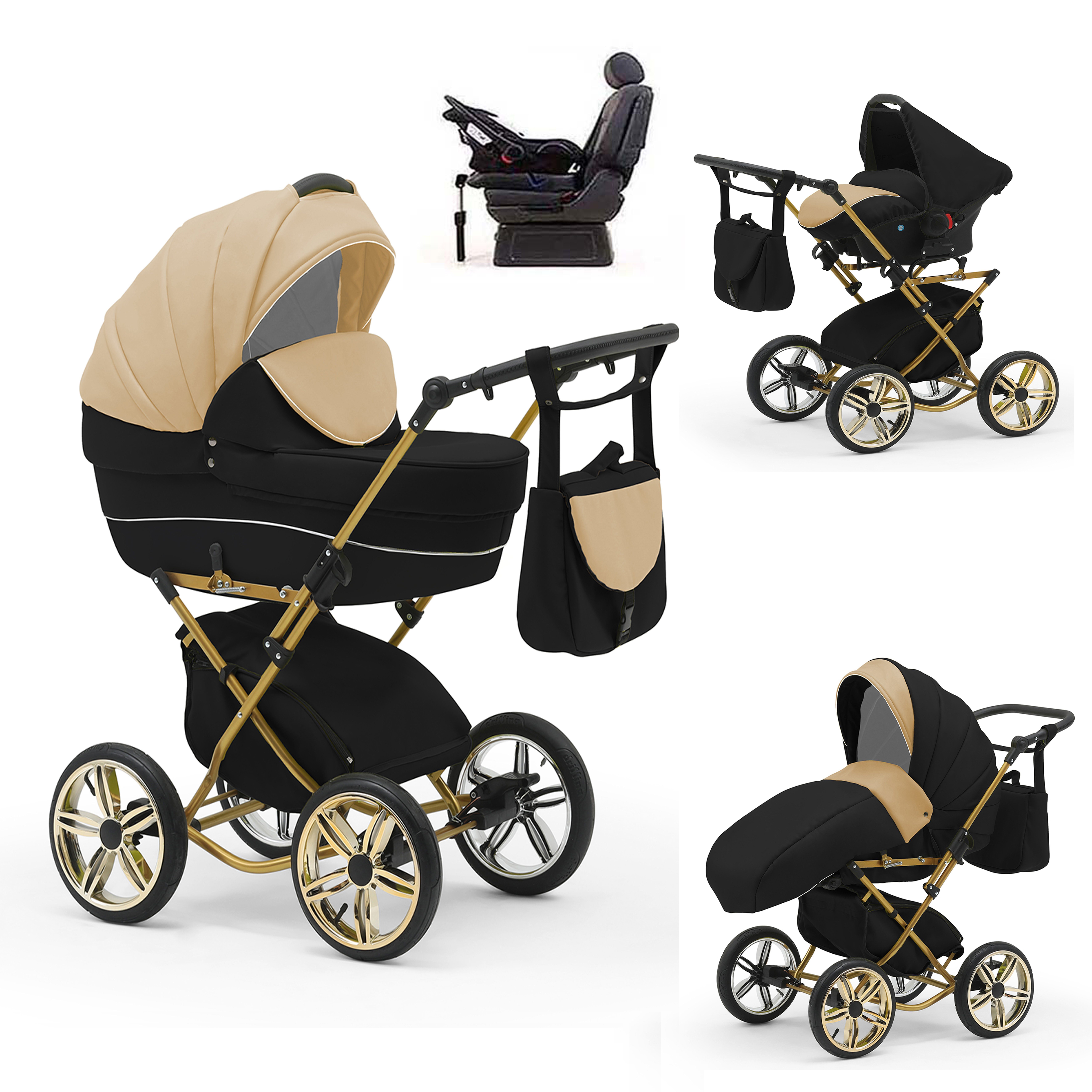 babies-on-wheels Kombi-Kinderwagen Sorento 4 in 1 inkl. Autositz und Iso Base - 14 Teile - in 10 Designs Beige-Schwarz