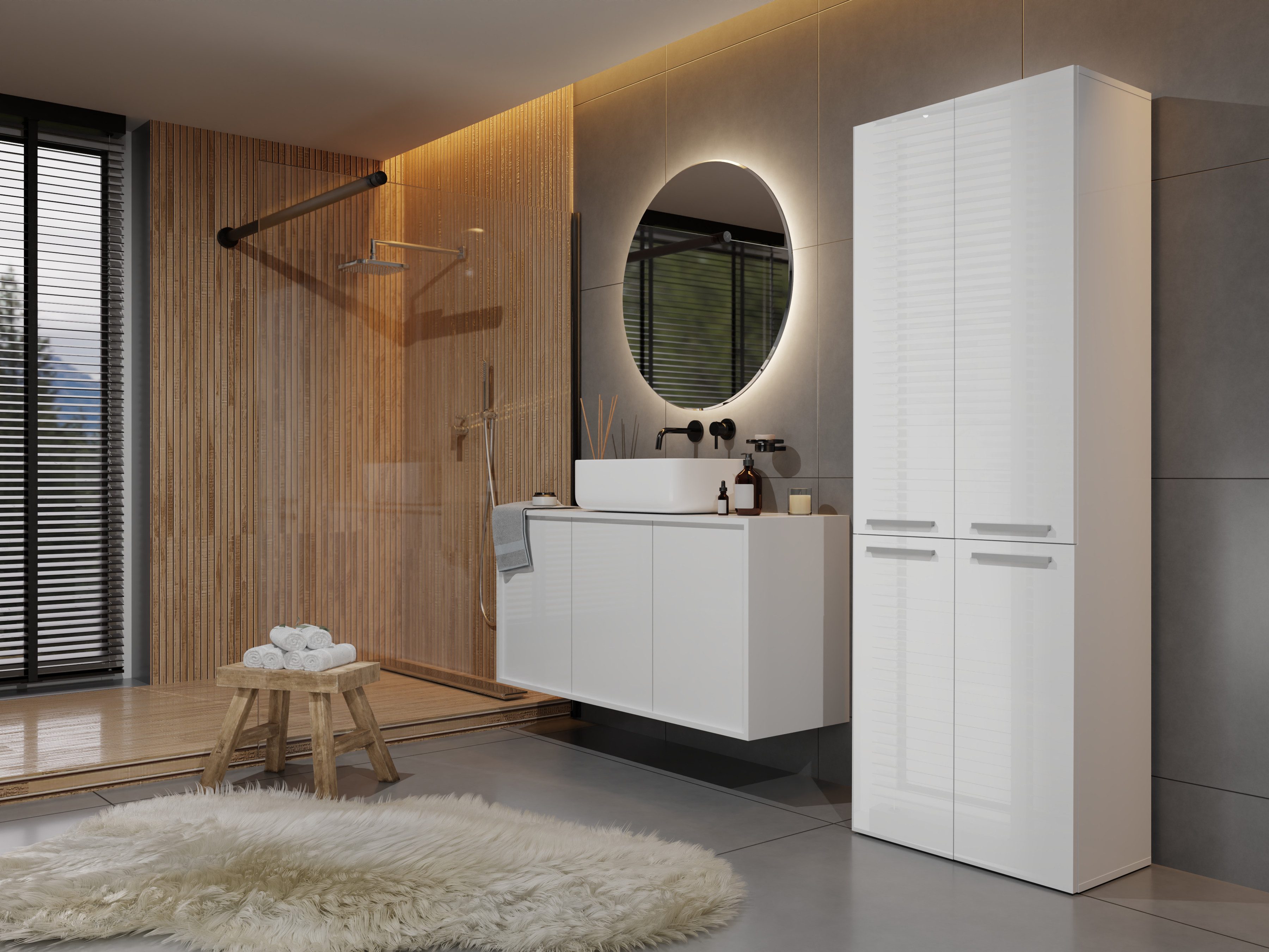 Raumhirsch Furniture Badkommode Badkommode Badezimmerschrank Wäscheschrank (mit drei Türen - 5 Innenregale - Maße 30 x 60 x 174 cm), verschiedene Farben