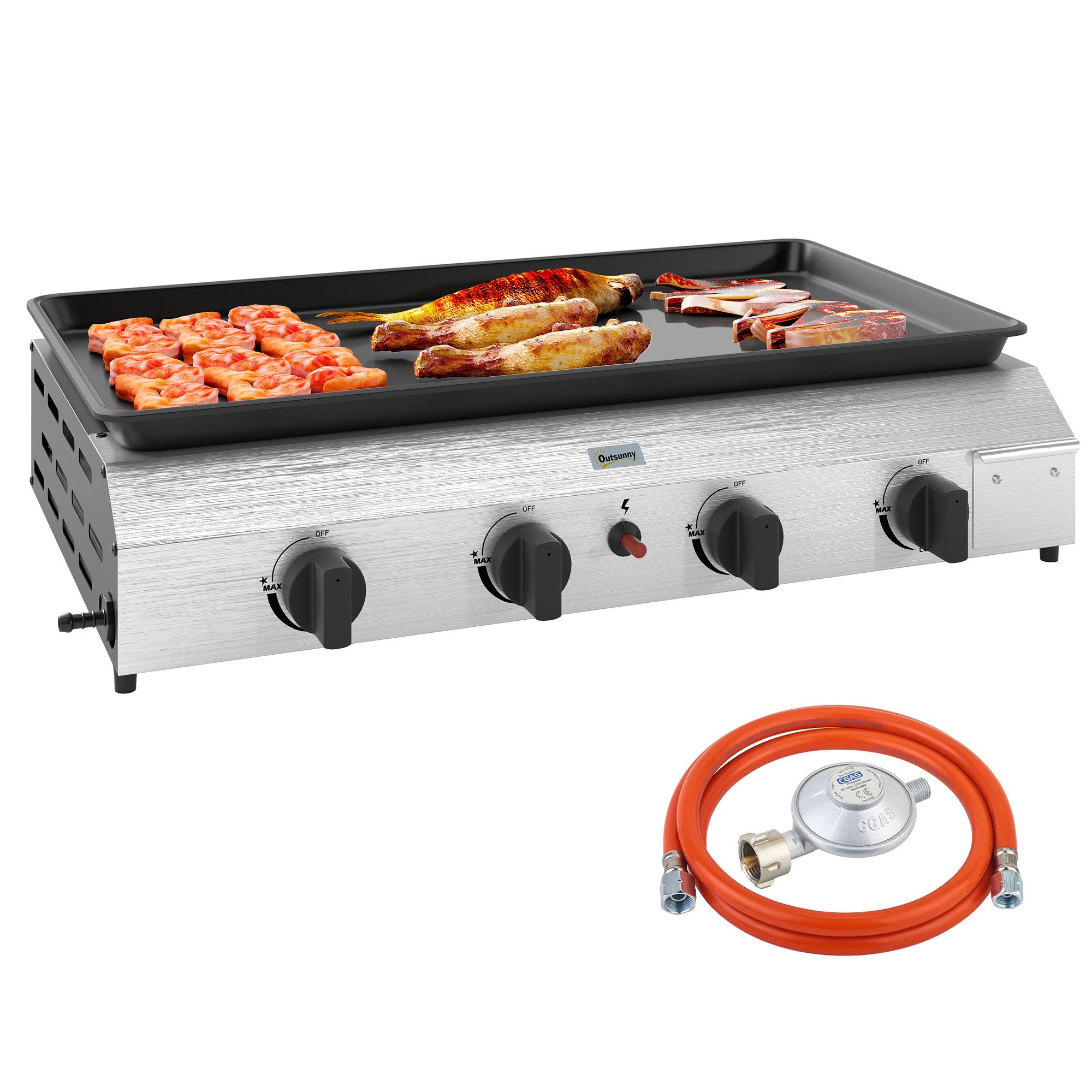 Outsunny Gasgrill Gasgrill, Grillwagen mit 4 Edelstahl-Brenner, verstellbare Beine, BBQ Gartengrill, 8000BTU,2,4 KW Grillwagen, für Balkon, Camping-Grill, 77 x 44,5 x 19 cm
