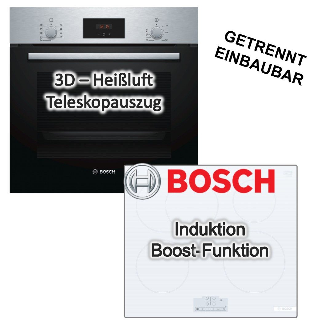 BOSCH Backofen-Set Einbaubackofen 3DHeißluft Teleskopauszug+Induktionskochfeld Weiß Boost