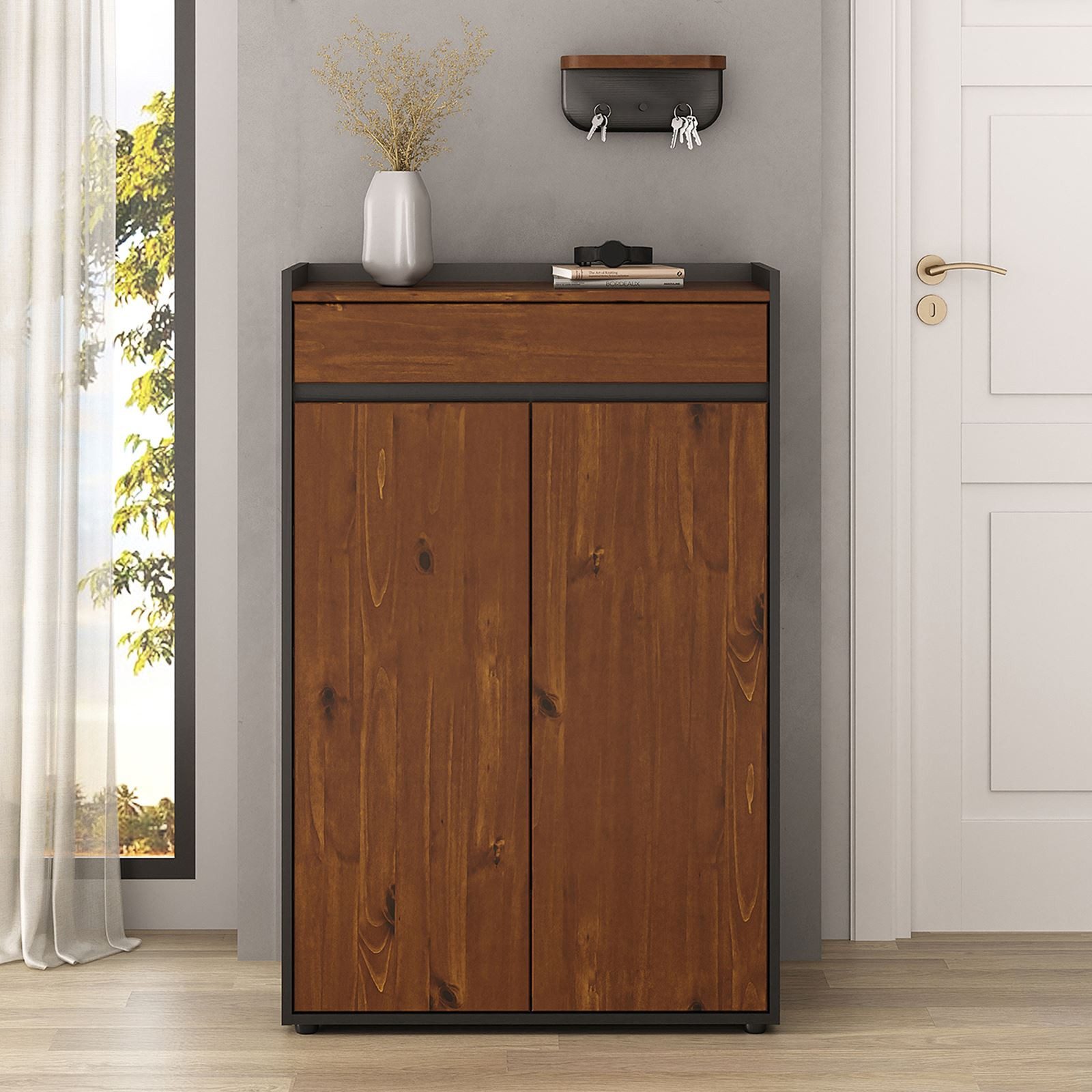 IDIMEX Schuhschrank TILO Schuhkommode mit Schublade & Türen aus Massivholz Schwarz/Eiche farben