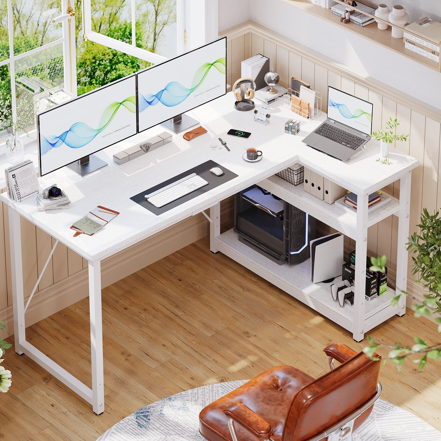 GUNJI Eckschreibtisch Eckschreibtisch Umkehrbarer L-förmiger Computer schreibtisch mit Hutch (Maße: 1 m/1,2 m/1,4 m/1,6 m, Schreibtisch mit verstellbaren Einlegeböden)