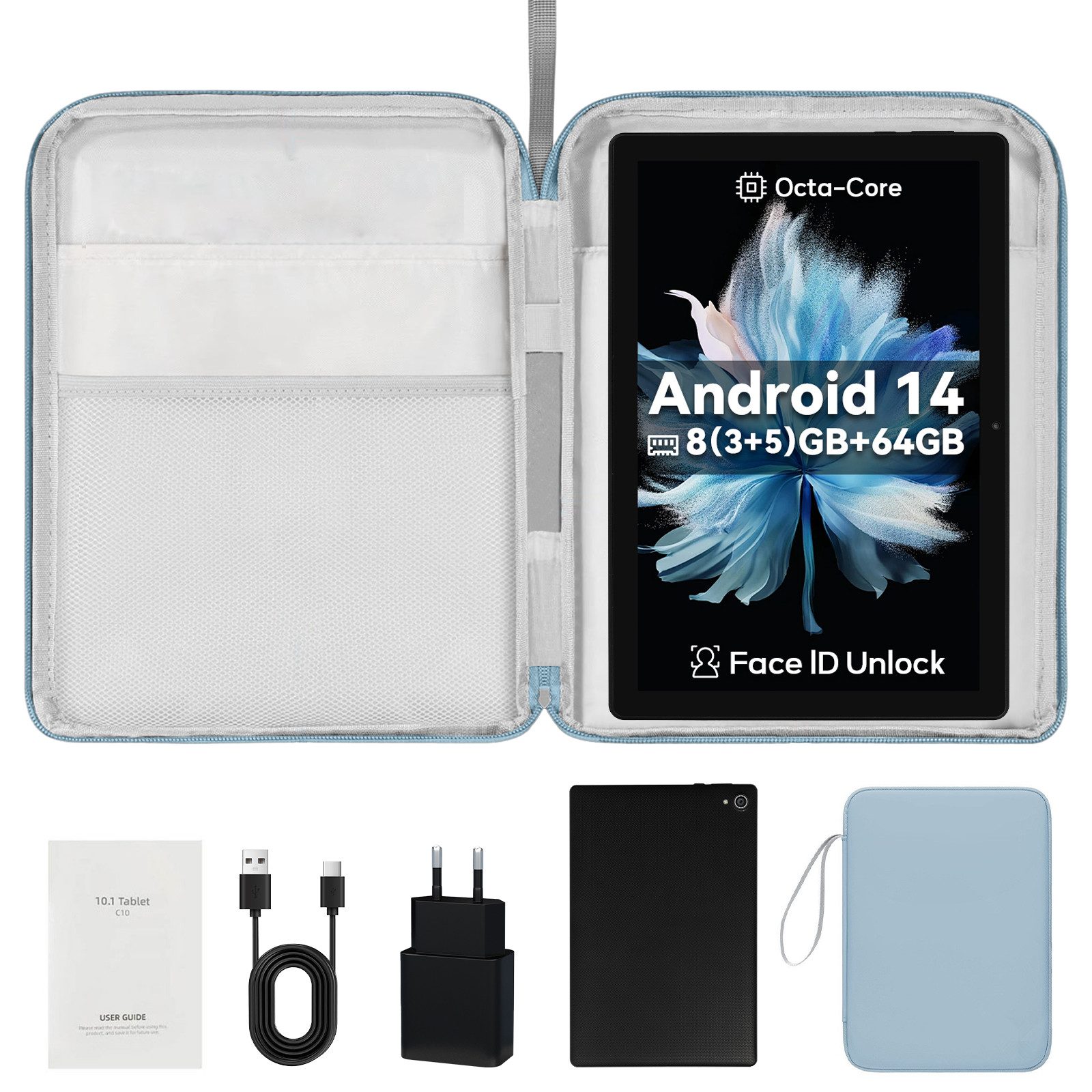 Happybe 10,1'' Android 14, 8(3+5)GB+64GB+1TB TF, 1280x800 HD IPS, Dual-Kamera Tablet (10,1", 64 GB, Android, mit tasche, Octa Core, Dualband-Chip (2,4 GHz + 5 GHz)