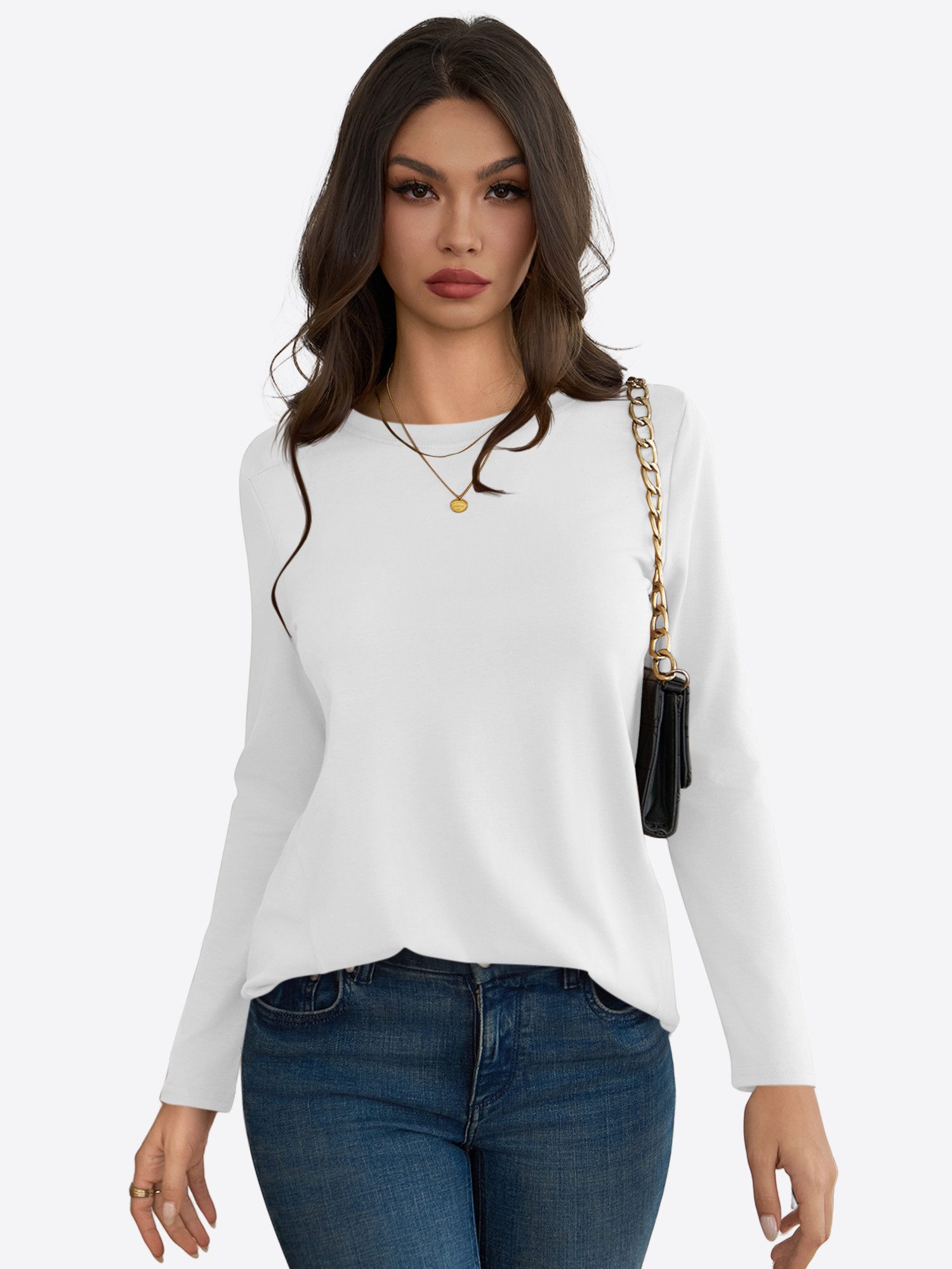 Imily Bela T-Shirt Damen Langärmliges Lässige mit Rundhal (Packung, 1-tlg., 1per-Pack) in Unifarbe