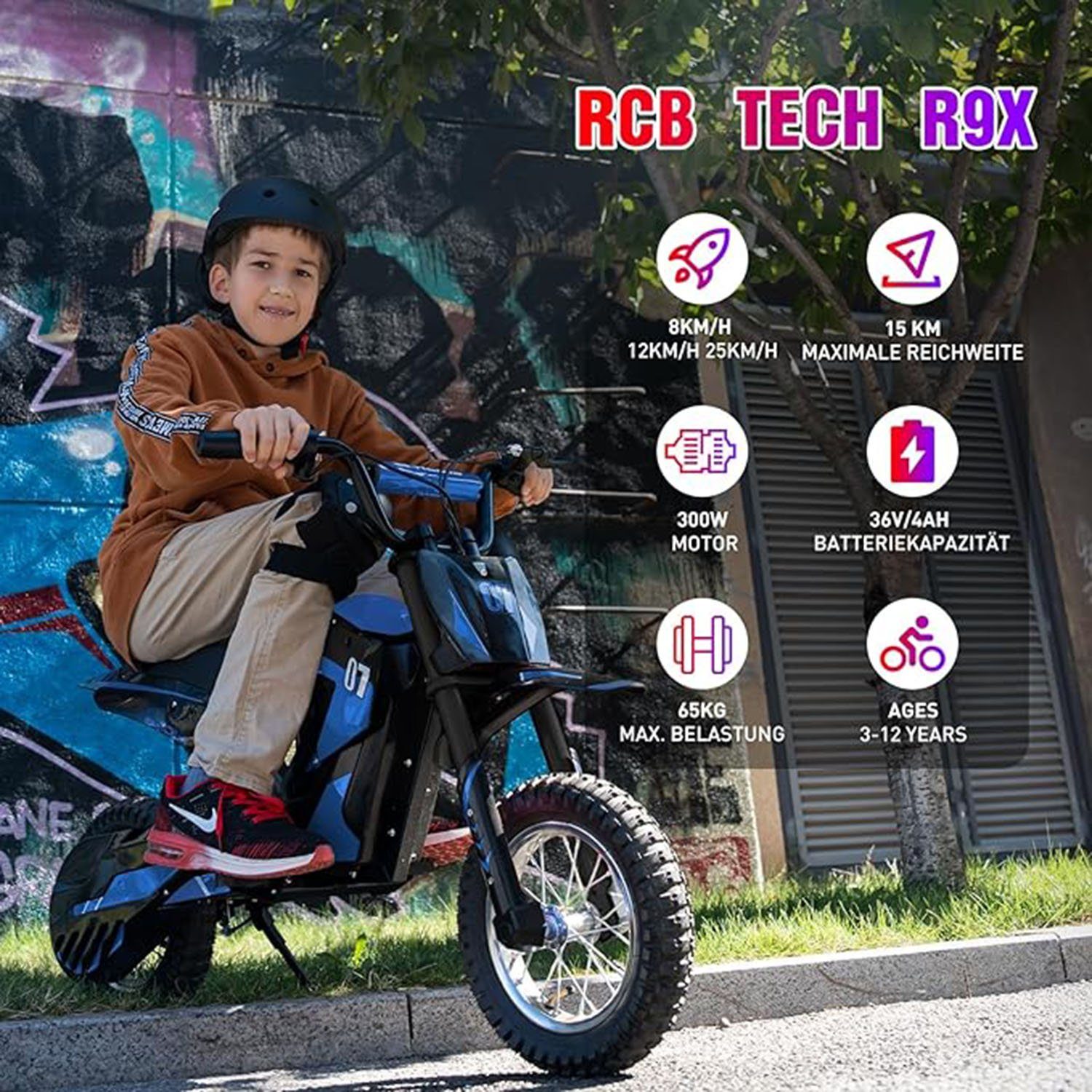 RCB Elektro-Kindermotorrad 3 Geschwindigkeitsmodus, Luftreifen Max blau 12" 15km, 25km/h, Reichweite