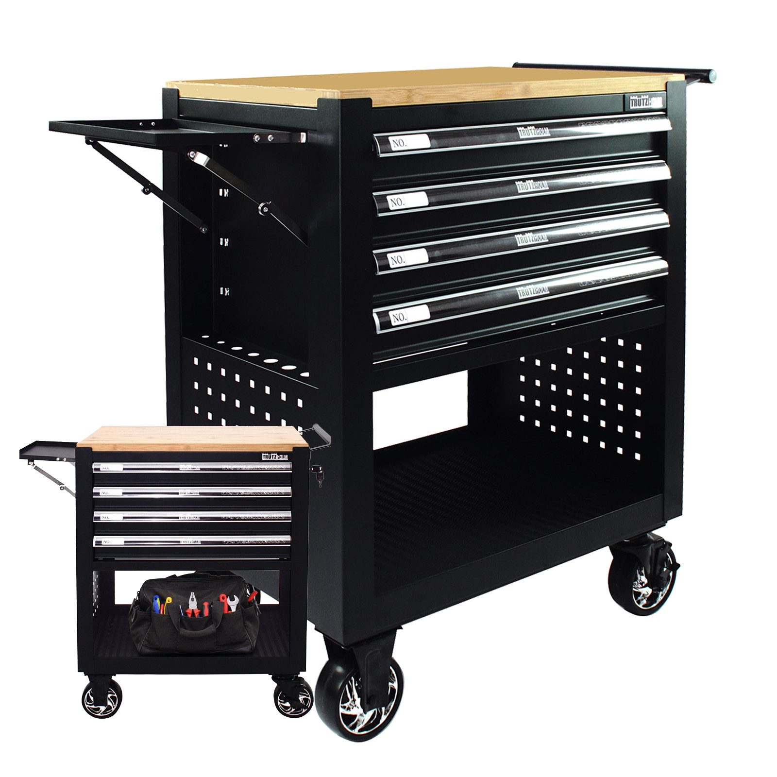 Werkstattwagen Werkzeugwagen 4 Schubladen leer schwarz Hartholzplatte Profi Compact