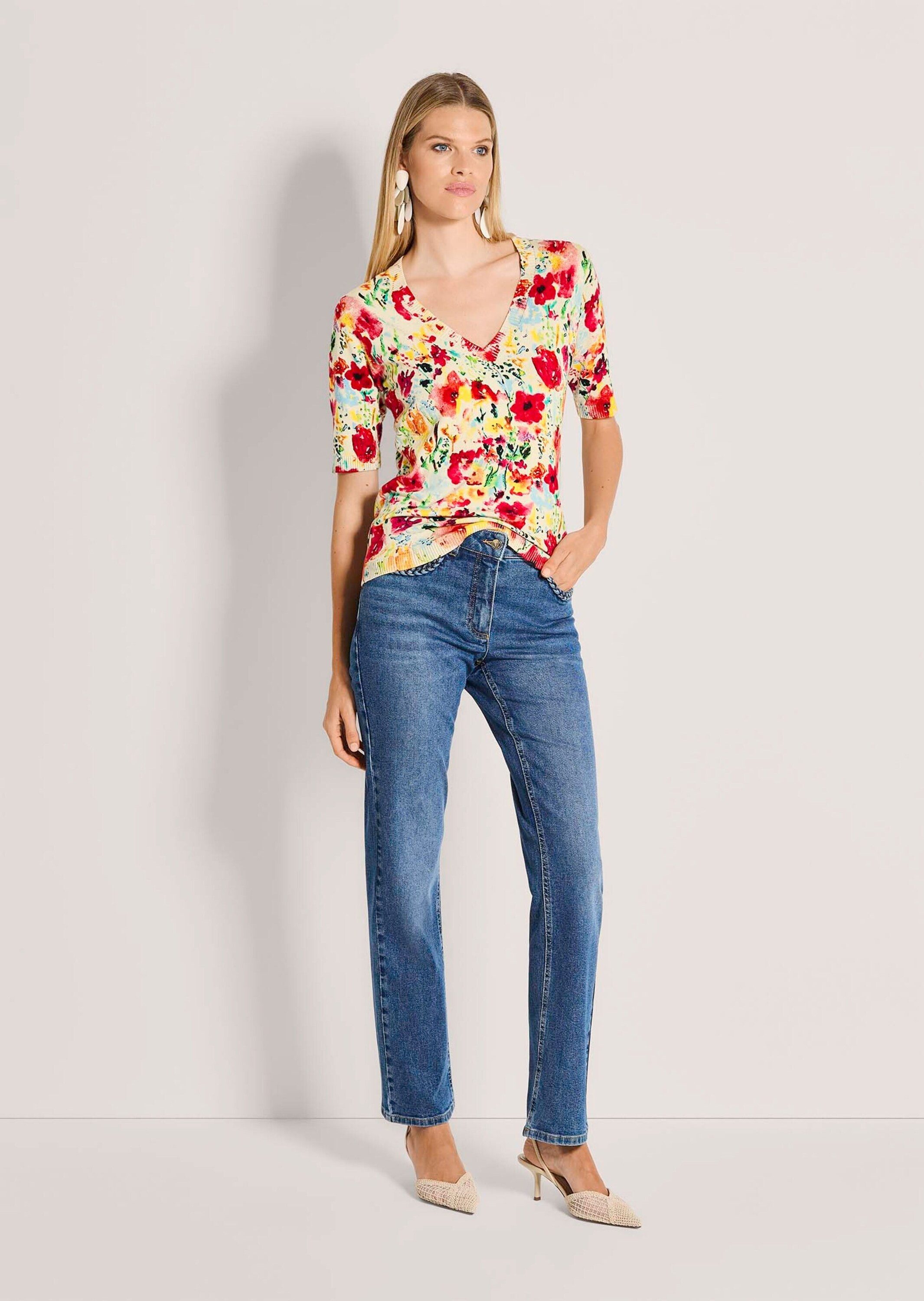 MADELEINE Strickpullover Druckpullover mit floralem Muster Sommershirt mit V-Ausschnitt und Kurzarm