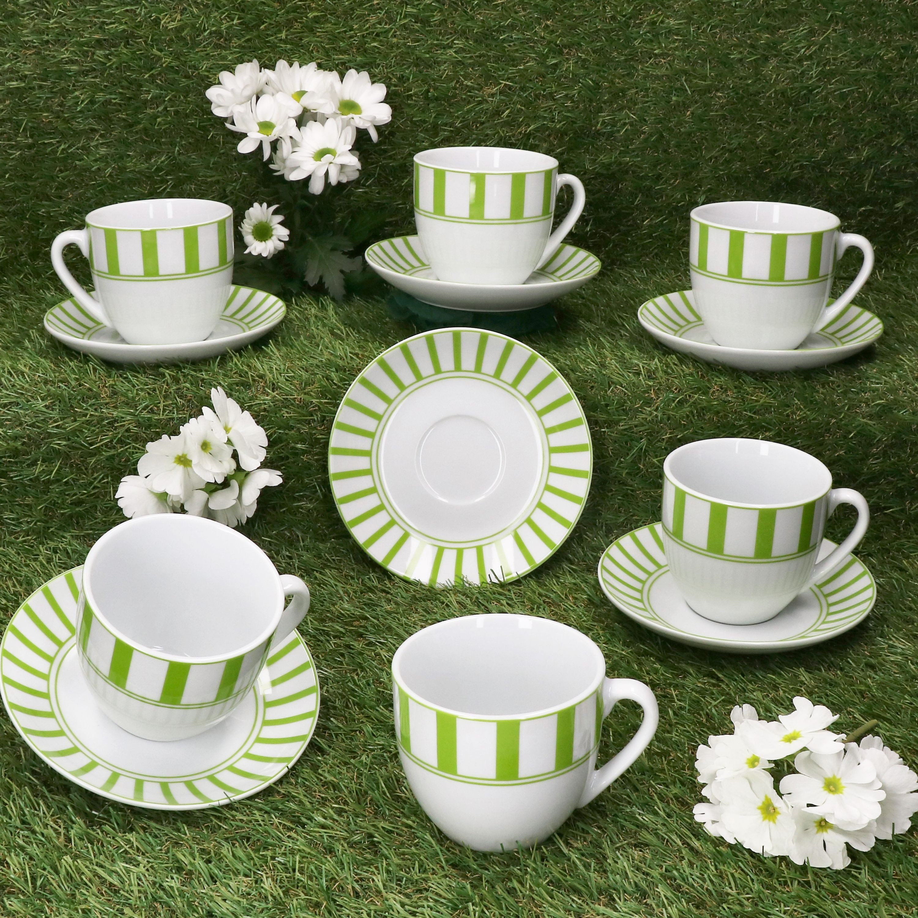 MamboCat Tasse Split grün Kaffeetassen mit Untertassen für 6 Personen Streifen Tee, Porzellan
