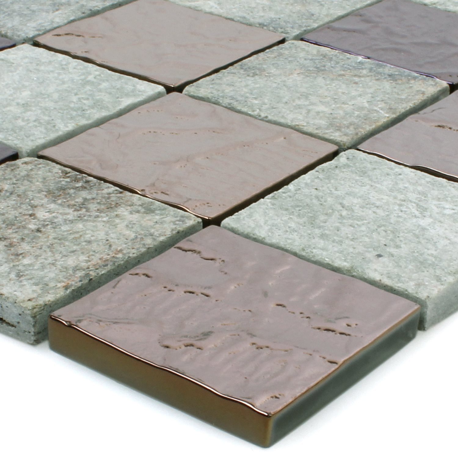 Mosafil Mosaikfliesen Glas Naturstein Mosaikfliesen Sheldrake Grau Kupfer, Naturstein-Glas-Quarzit 30.000x30.000, braun-grau-kupfer, Verlegefertig auf ein Netz geklebt - Wasserfest
