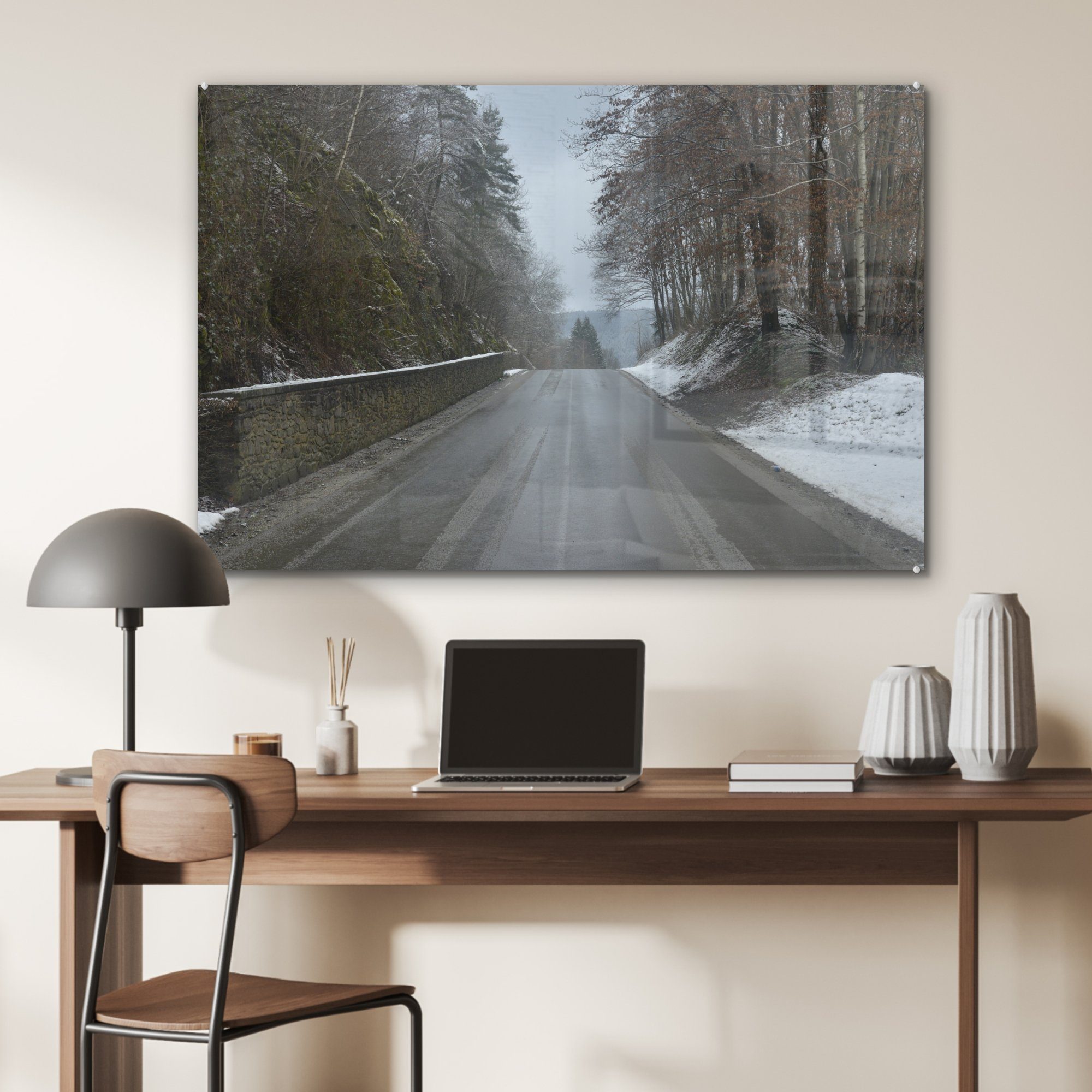MuchoWow sind in Wohnzimmer & einer Schlafzimmer mit Straße den Beide Ardennen Acrylglasbild St), (1 bedeckt, Acrylglasbilder Seiten Schnee