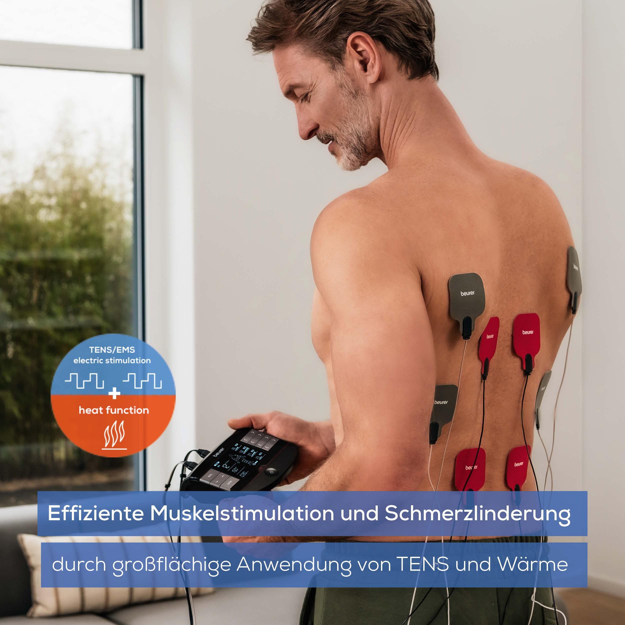 BEURER TENS-EMS-Gerät EM 89 in 4-in-1 Funktion: TENS, EMS, Massage, Wärme, (Inkl. 8 selbsthaftenden Gel-Pads), Mit 8 Elektroden für eine großflächige Anwendung auch am Rücken