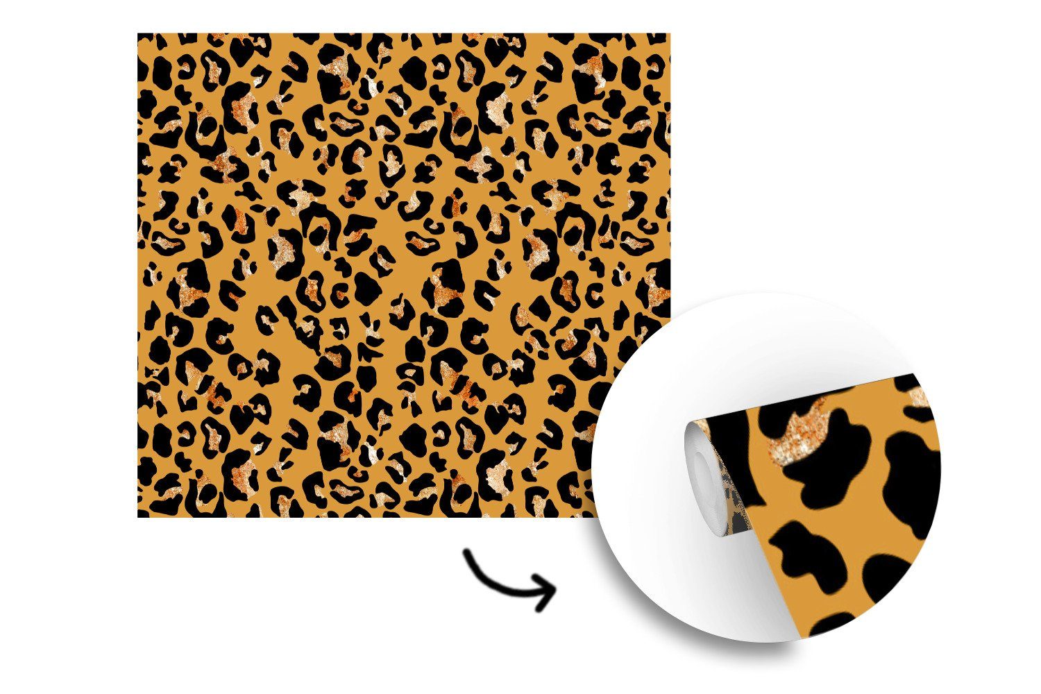 MuchoWow Fototapete Pantherdruck - Vinyl St), Schlafzimmer, oder Gelb Wohnzimmer (5 bedruckt, Gold, - Tapete Matt, für Wandtapete