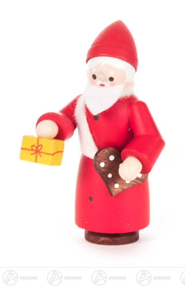 Dregeno Erzgebirge Weihnachtsfigur Weihnachtliche Miniatur Nikolaus farbig Höhe ca 6,5 cm NEU, mit Geschenk und Lebkuchen