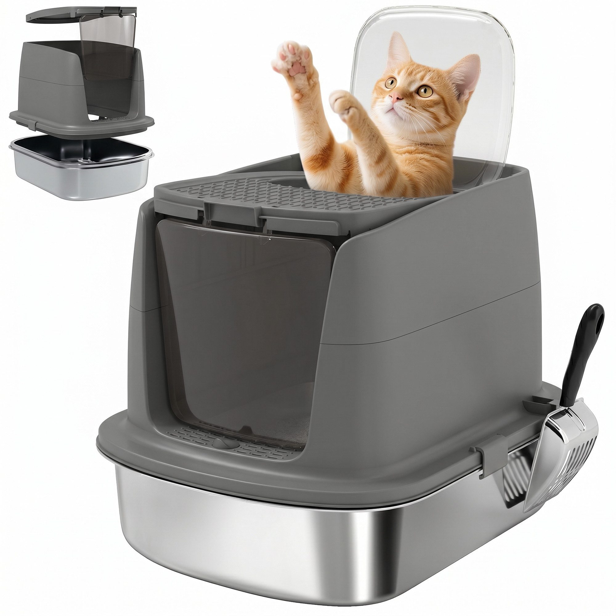 PawHut Katzentoilette mit Deckel, Schaufel Tablett, LxBxH: 52.4x41.3x39.8 cm, Edelstahl, geruchsabweisend