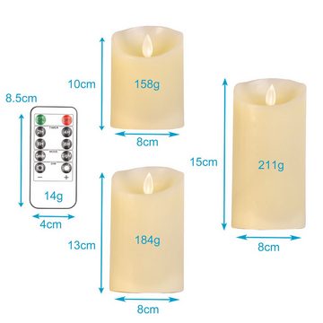 Intirilife LED-Kerze (Set, 3-tlg., 3x Led Kerzen, 1x Fernbedienung), 3x LED Kerzen aus Wachs - 7.5 x 15 / 12.5 / 10 cm mit Fernbedienung
