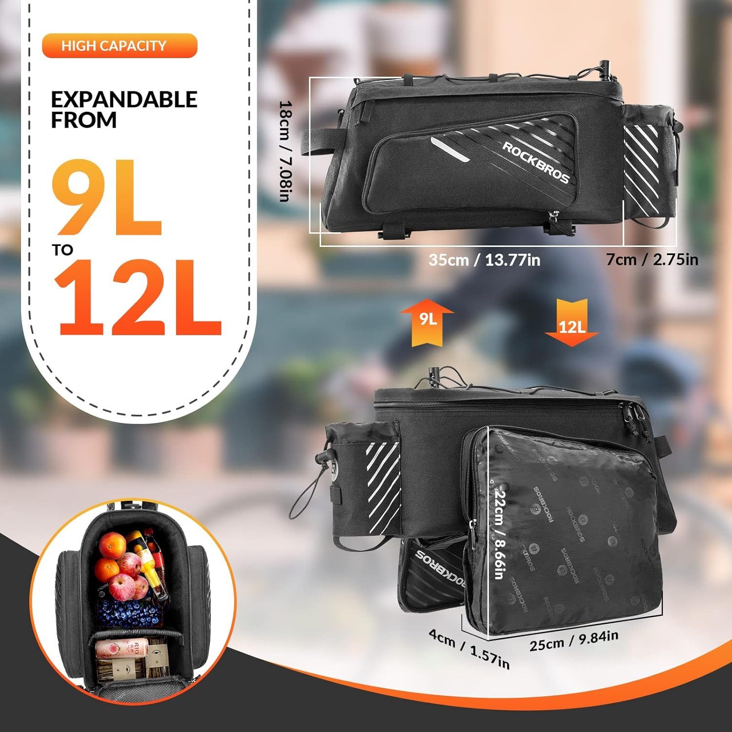 ROCKBROS Fahrradtasche Gepäckträgertasche Hinter Transporttasche, 9-12L (Tragbar, 1-tlg), Wasserdicht Schwarz Faltbare Seitentaschen, mit Regenschutz