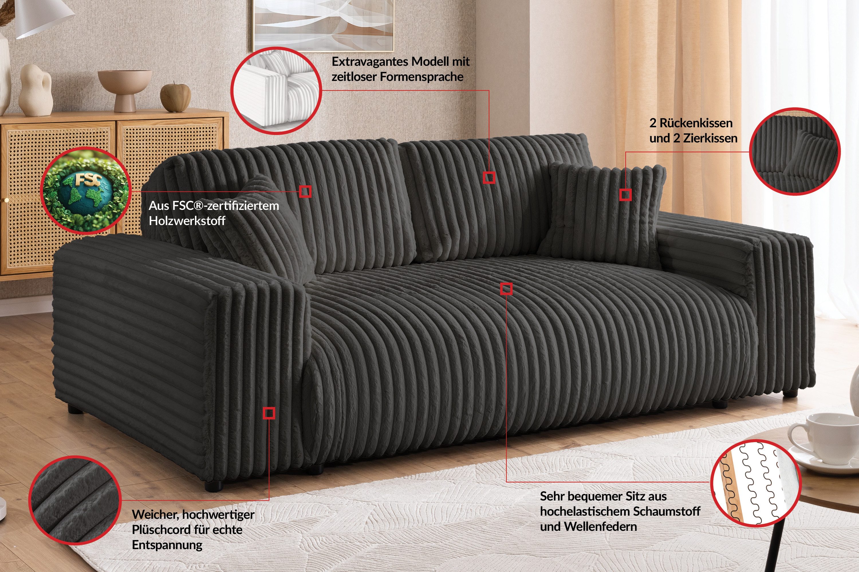 S-Style Möbel 2-Sitzer Sofa Mollis aus Plüschcord mit hohem Sitzkomfort, mit Wellenfederung