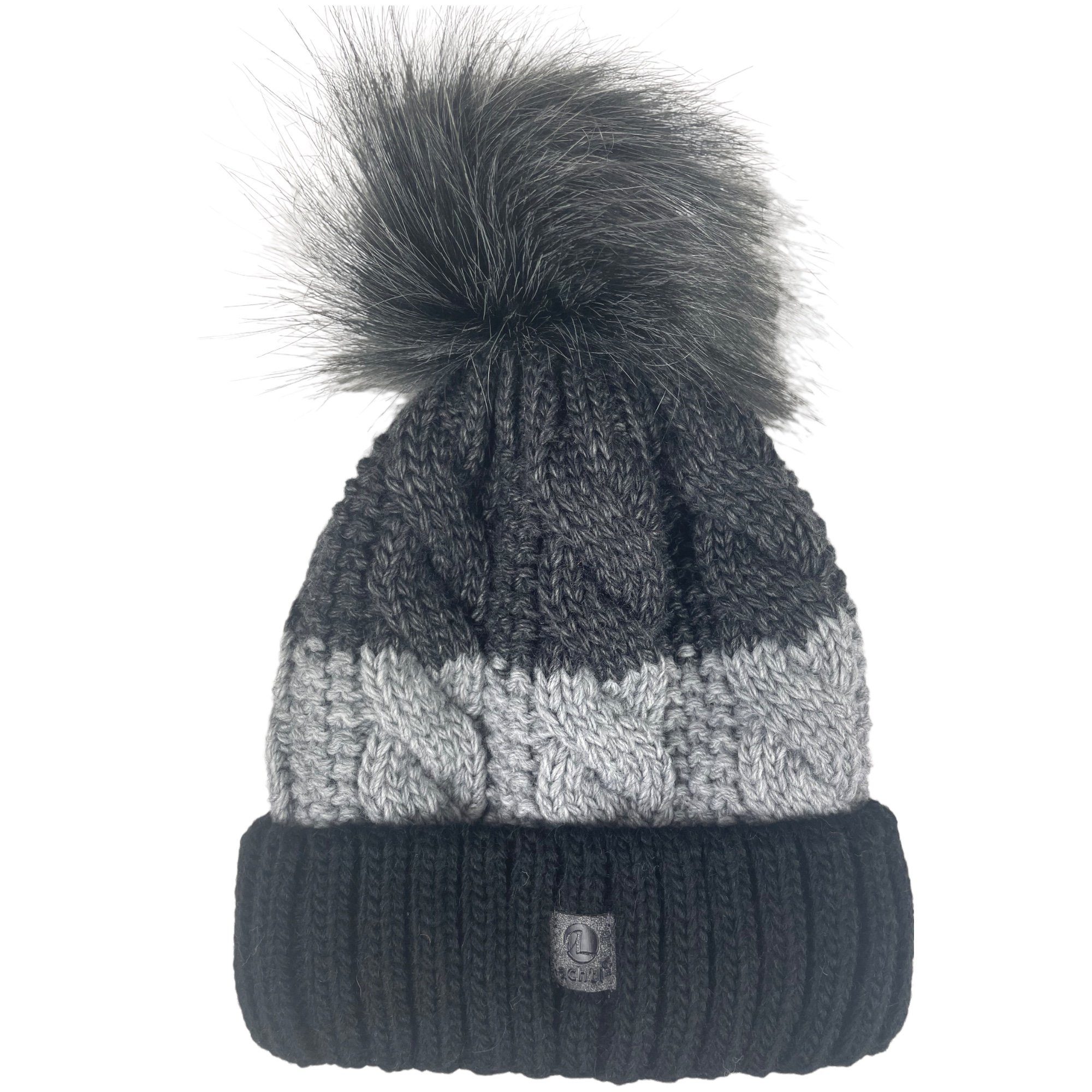 Taschen4life Bommelmütze Mütze mit großem Bommel AZ2342PC (unisex) Strickmütze im Grobstrick mit Zopfmuster, warm gefüttert schwarz/grau | Bommelmützen