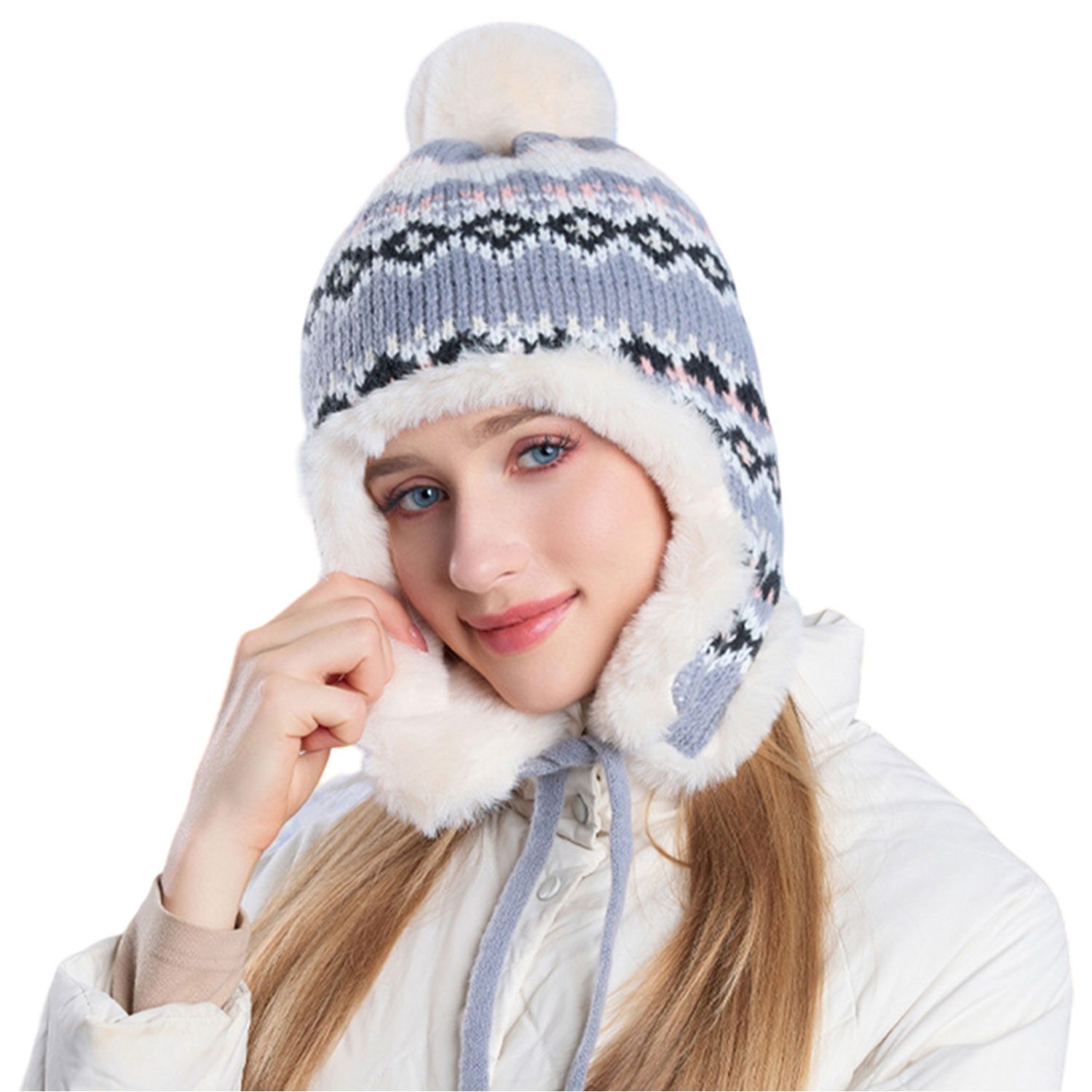 Refttenw Ohrenmütze Plüsch gestrickte Pullover Beanie,Ohrenschützer,Schnürdesign,winddicht