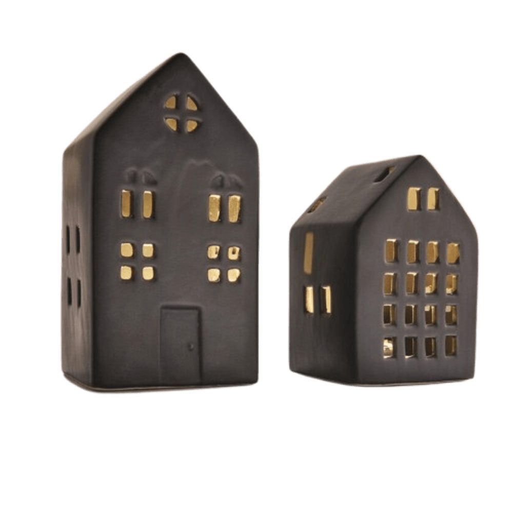 LED Dekoobjekt Haus schwarz LED Deko Objekt Figur Porzellan 2er Set