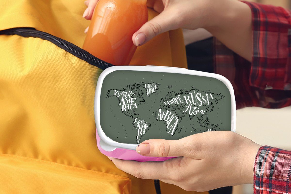 MuchoWow Lunchbox Weltkarte für Weiß, Snackbox, Kinder, Kunststoff, Erwachsene, Grau - - rosa Kunststoff (2-tlg), Brotdose Brotbox Mädchen