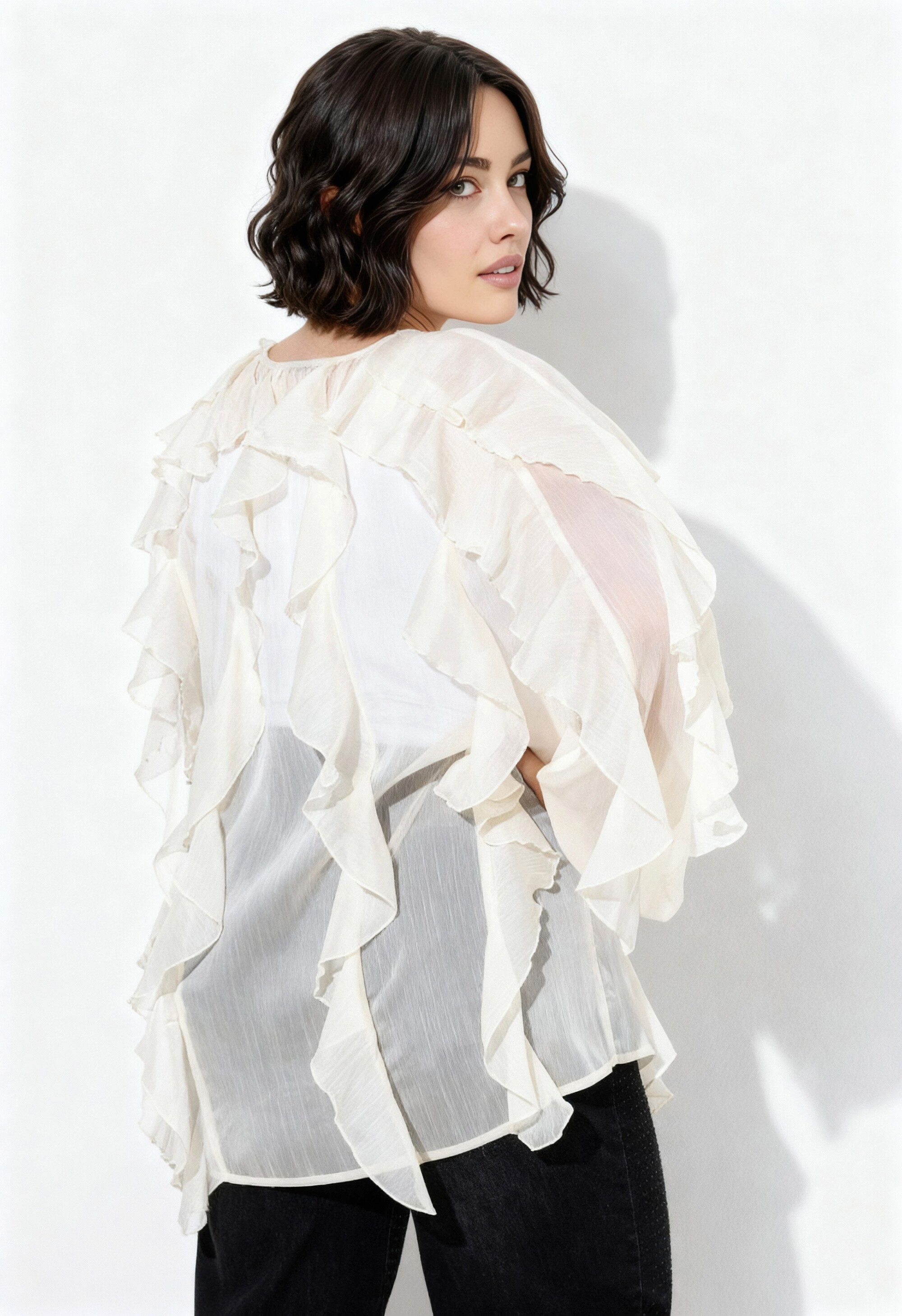 Ulla Popken Longbluse Bluse Volants A-Linie V-Ausschnitt Langarm