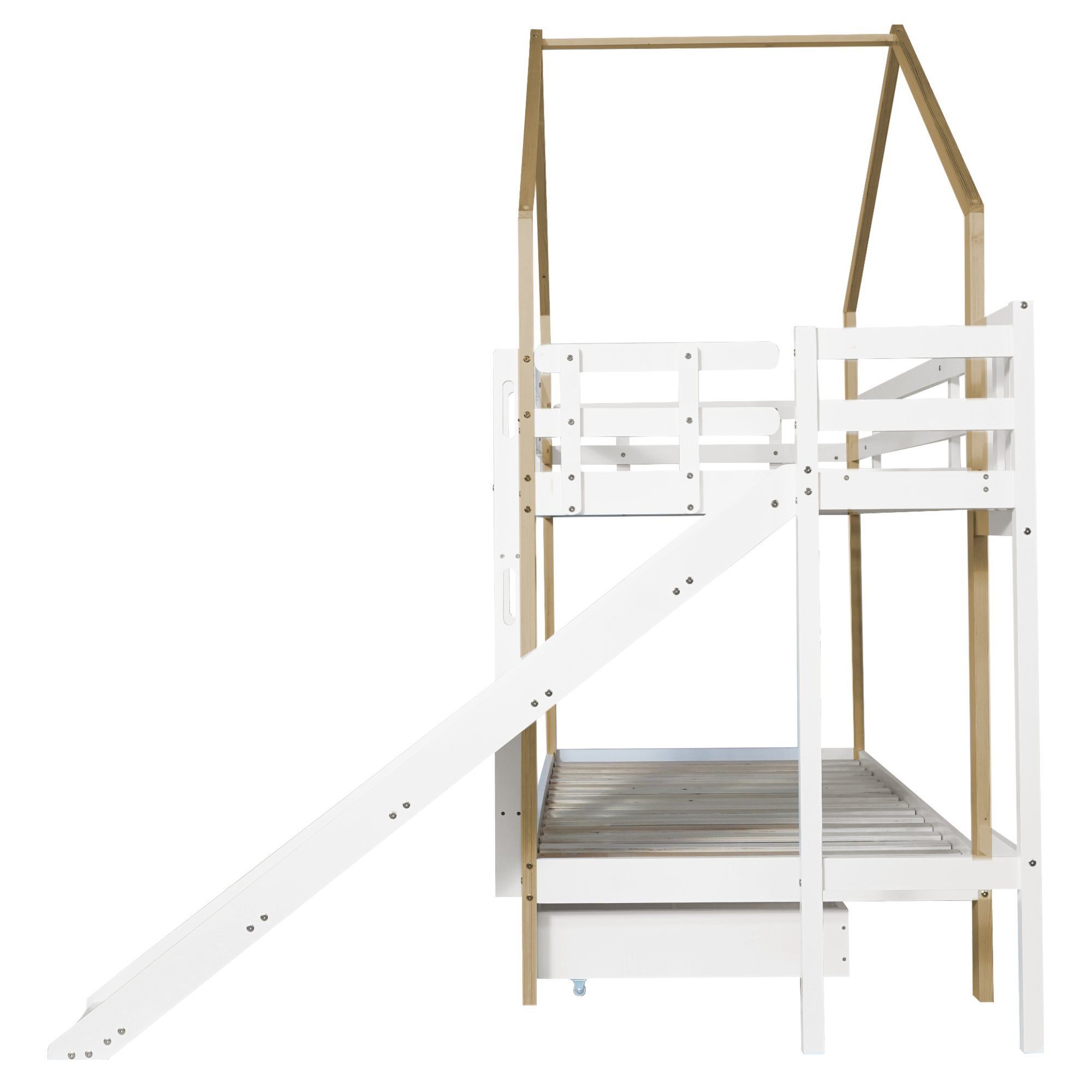 Etagenbett (Hausbett mit 2 Schubladen), Hochbett Kinderbett mit Lattenrost, Rutsche und Leiter, 90x200cm