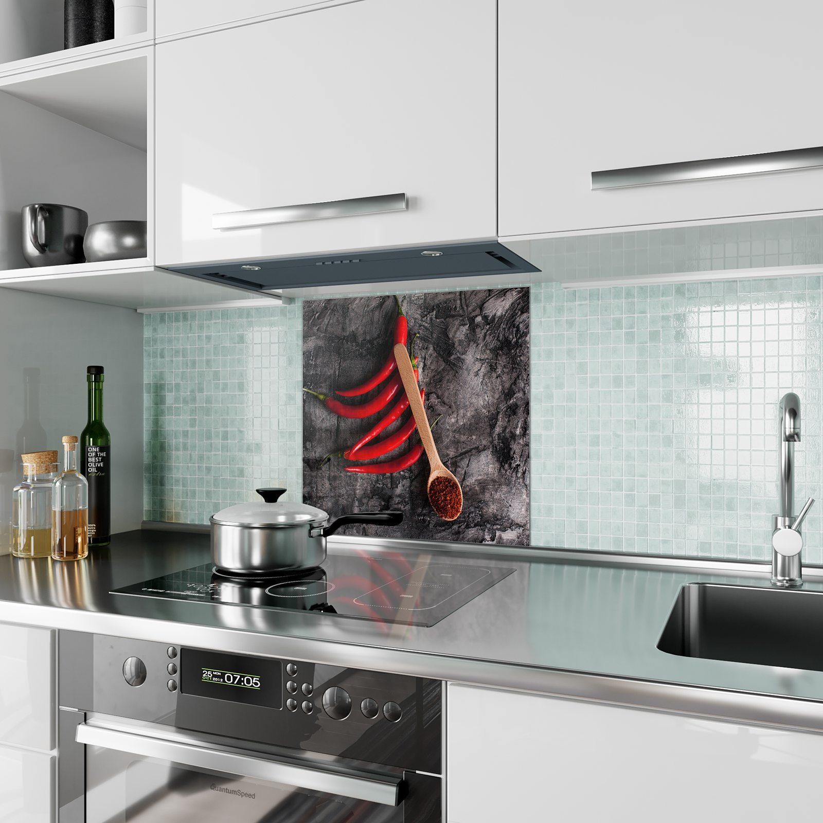 Löffel und Chilischoten Motiv mit Primedeco Spritzschutz Küchenrückwand Küchenrückwand Glas
