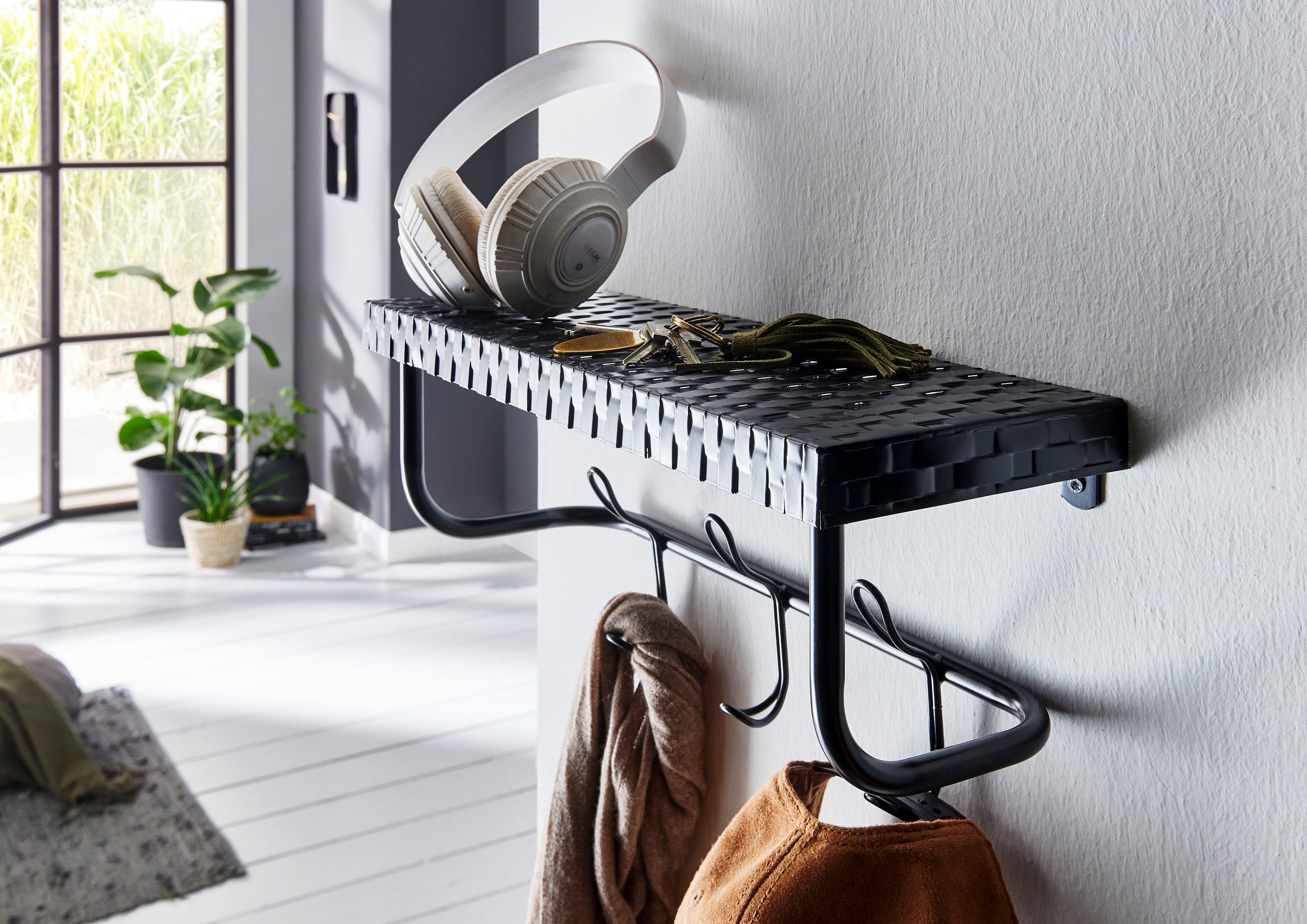 HAKU Garderobenleiste Flurgarderobe, Garderobe, Garderobenhaken, Garderobenleiste, rechteckig - aus Metall Schwarz - B/T/H 42/16/19 cm
