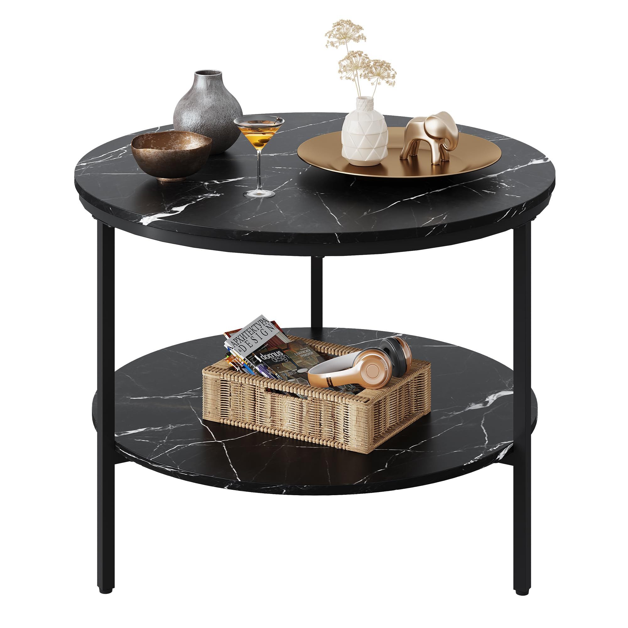 WLIVE Couchtisch Couchtisch rund mit 2 Ebenen, Beistelltisch Holz mit Metallgestell (1 Tisch), Wohnzimmertisch mit Metallrahmen, für Wohnzimmer, Schlafzimmer