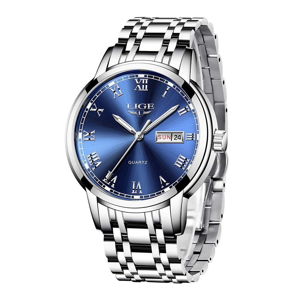 GelldG Uhr Mode Sportuhr Wasserdicht analog Quarz Uhren mit Business Uhrenarmband Silber, Blau