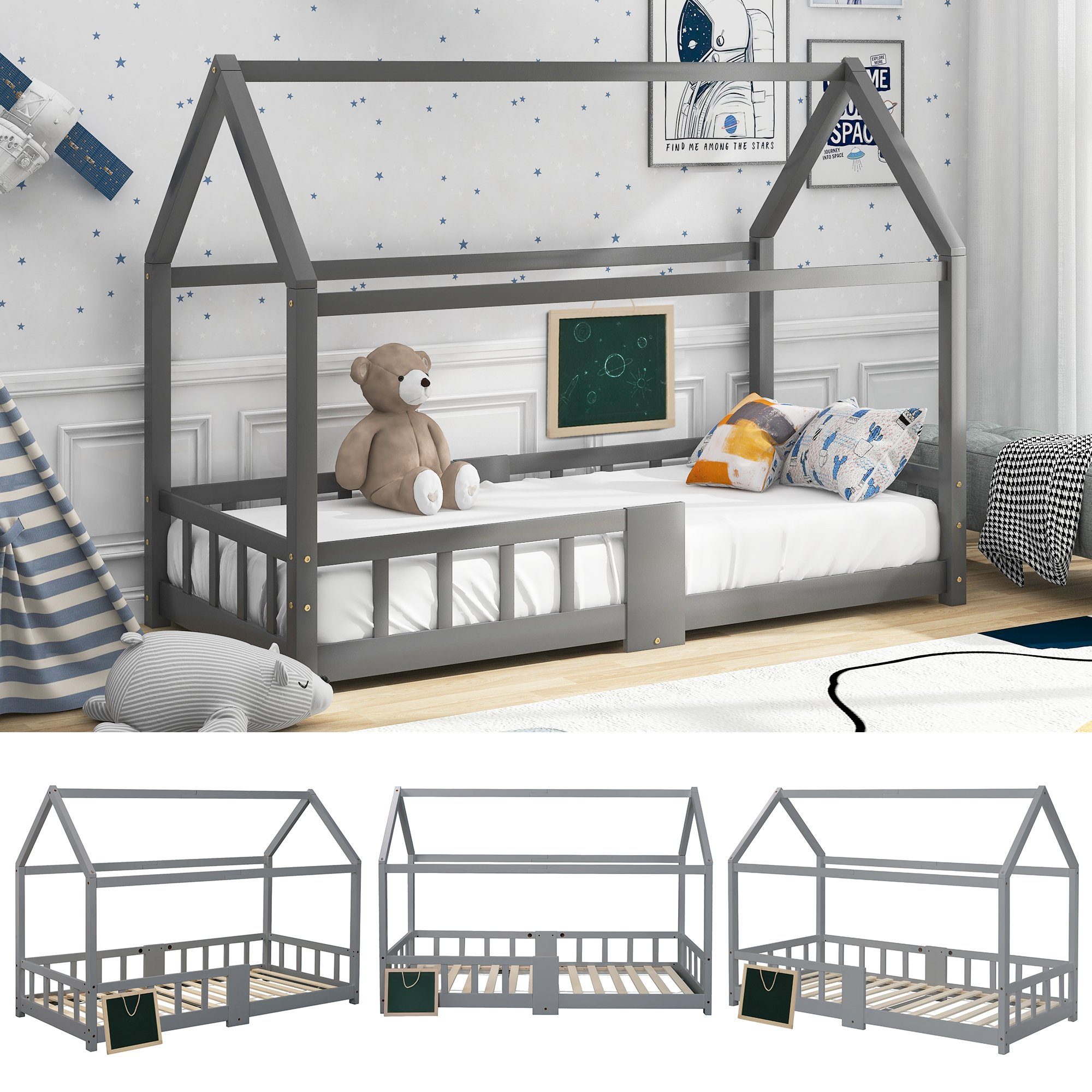 Merax Kinderbett, 90x200cm mit Rausfallschutz, Hausbett mit Einzelbett Holz Grau