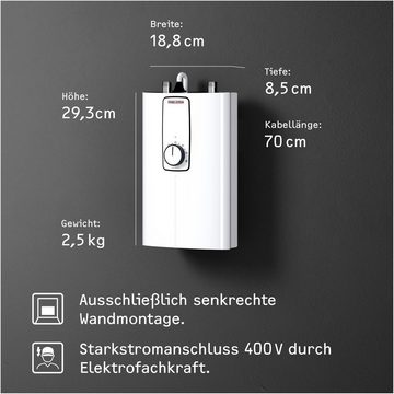 STIEBEL ELTRON Kompakt-Durchlauferhitzer DCE 11/13 kW umschaltbar für die Küche, elektronisch, min. 20 °C, max. 60 °C, 3i Technologie für konstante Warmwassertemperatur, platzsparend