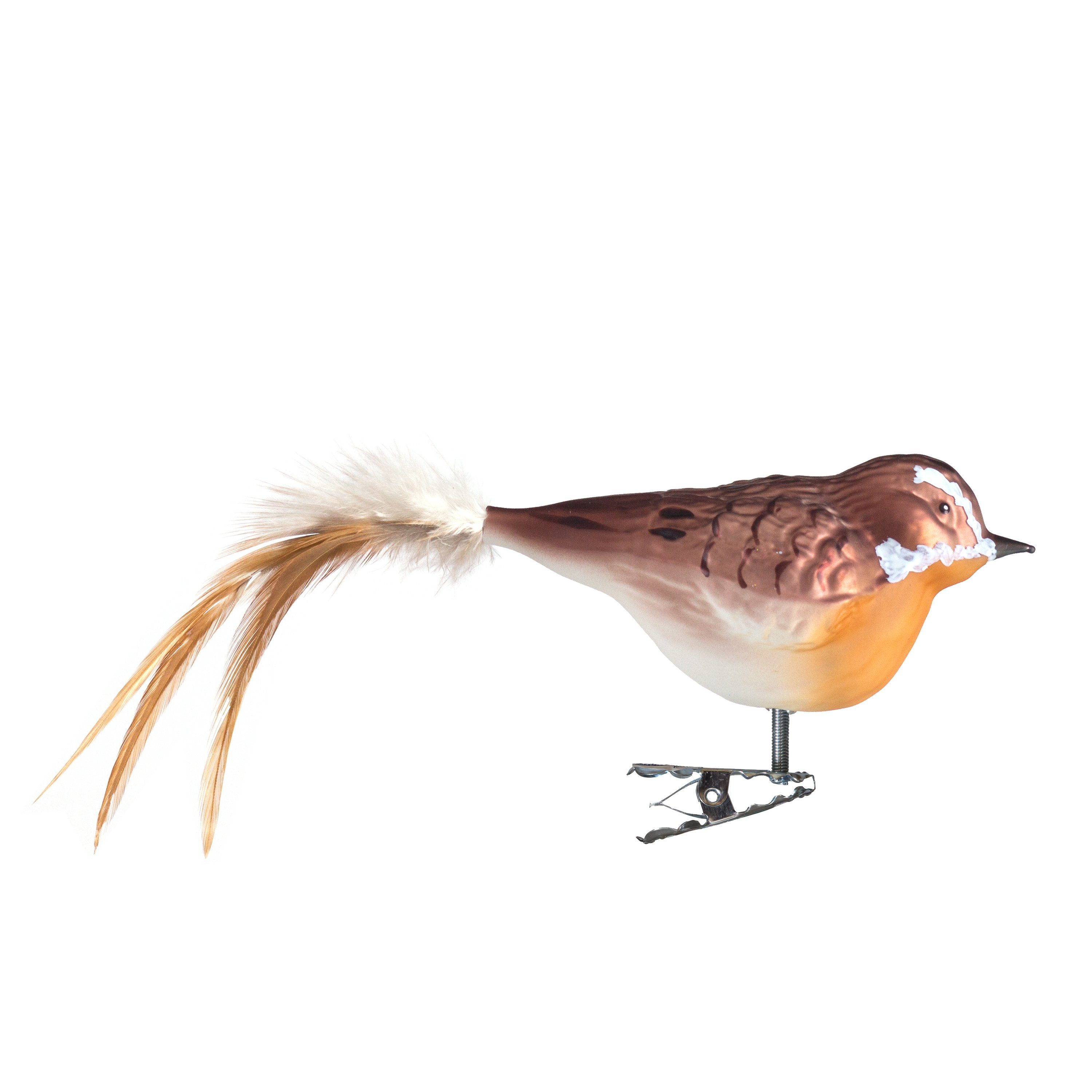 Birds of Glass Christbaumschmuck Glasvogel Braunkehlchen mit Naturfeder, mundgeblasen, handdekoriert, aus eigener Herstellung | Dekohänger