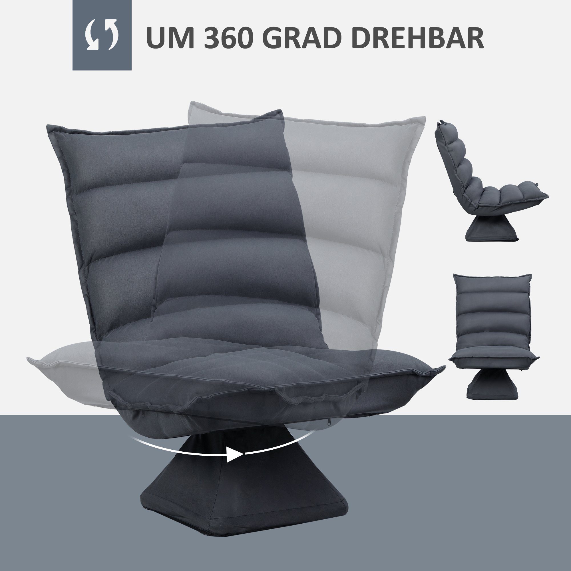 HOMCOM Relaxsessel Bodenstuhl 360° drehbar Bodensessel verstellbare Rückenlehne (Bodensofa, 1-St., Sessel), für Wohnzimmer, Dunkelgrau – Bild 5 von 5