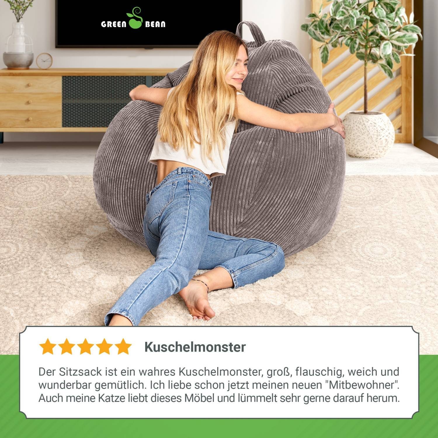 Green Bean Sitzsack Indoor Sitzsack Scoop 90x110cm - Cord (Indoor Sitzsack 90x110cm aus Cordstoff mit EPS-Perlen Füllung, Kuschelig Weich Waschbar - Drinnen Bod – Bild 4 von 5