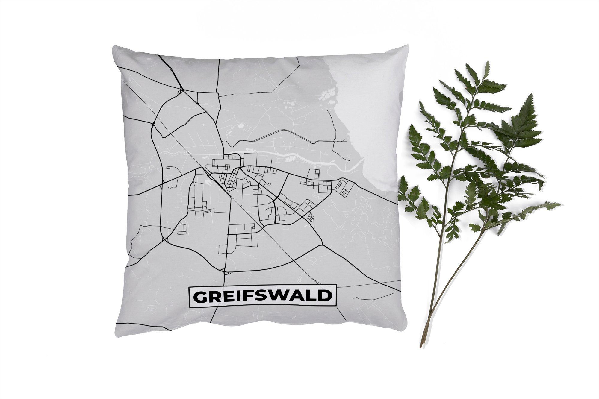 MuchoWow Dekokissen Karte - Stadtplan - Greifswald - Karte - Deutschland, Zierkissen mit Füllung für Wohzimmer, Schlafzimmer, Deko, Sofakissen