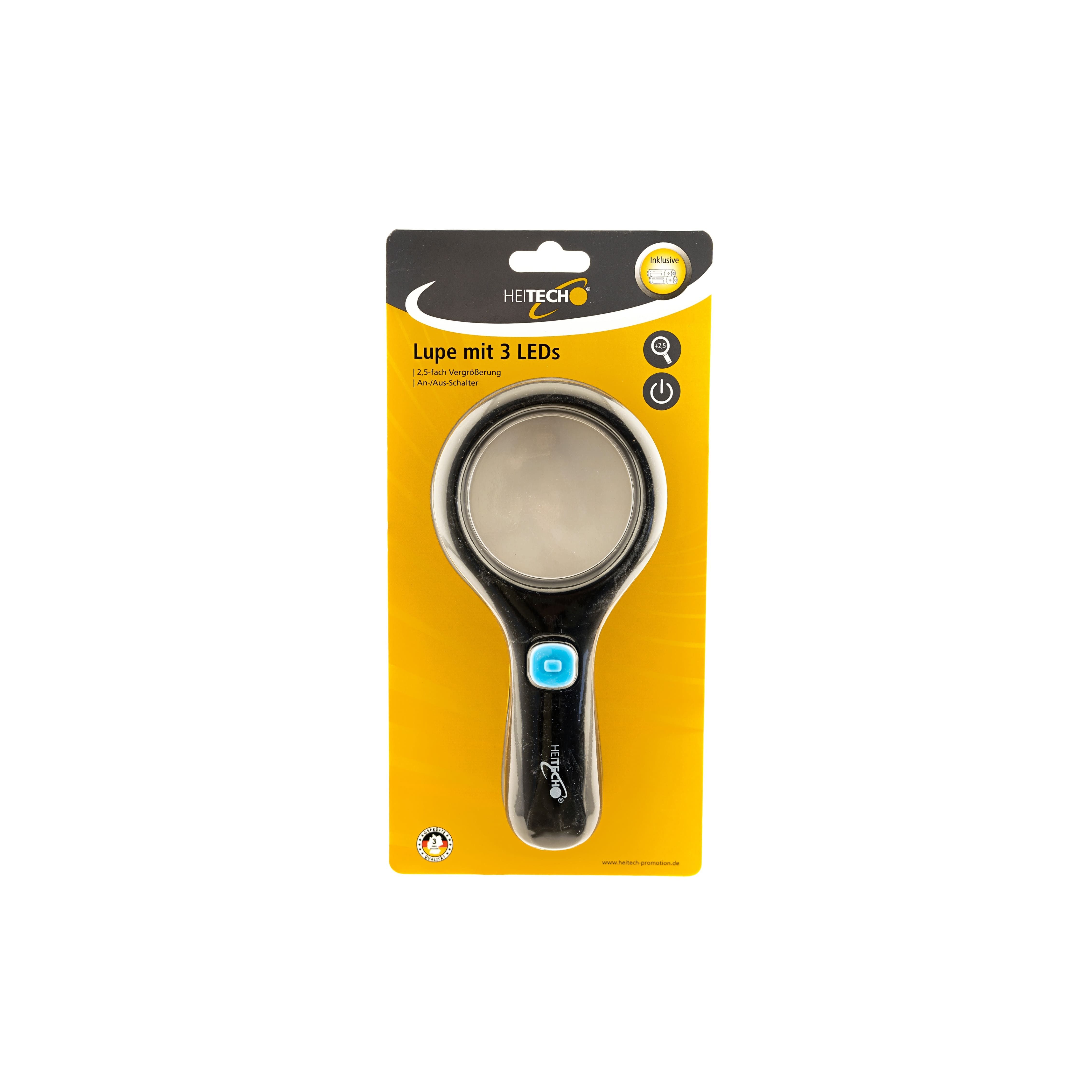 HEITECH Leuchtlupe Lupe Batterie mit 3 LEDs und 2,5-facher Vergrößerung An-/Aus-Schalter, 1-tlg.