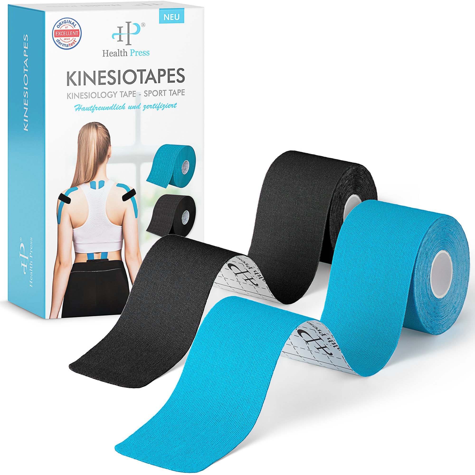 Health Press Kinesiologie-Tape 2 Rollen Profi Physio Tape & Sporttape Hautfreundlich (5cm x 5m) DERMATEST: SEHR GUT