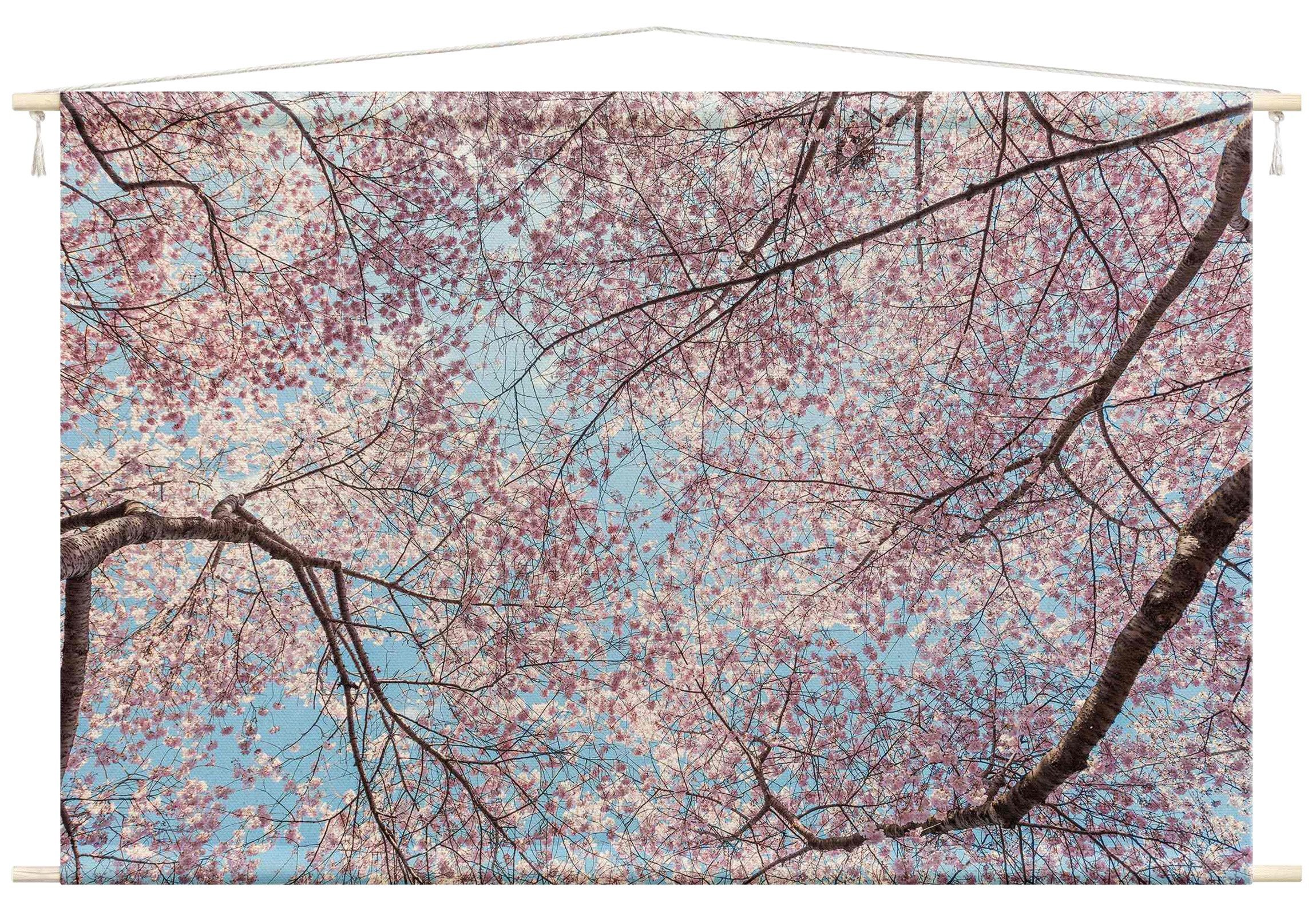 Bilderdepot24 Wandteppich modern Wald Blumen Kirschblüte Wald rosa, rechteckig, Höhe: 2.6 mm, großes Wandbild aus Natur-Baumwolle Wandbehang Stoffbild Tuch Wollseil